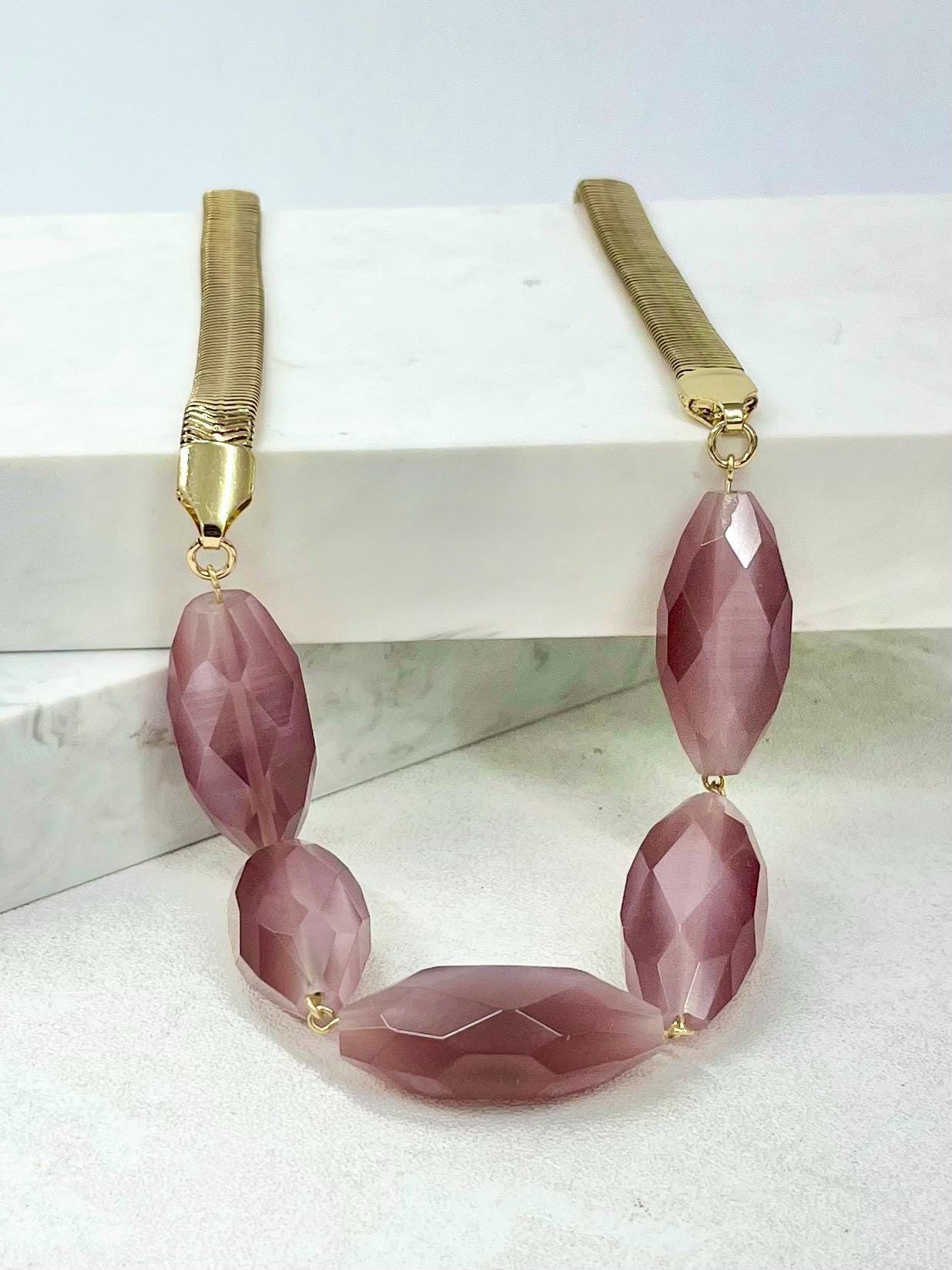 Stunning Faceted Light Amethyst Satin Glass Bead Gold Tone Chain Necklace - by Milly Oliver MillyOliverVintage
