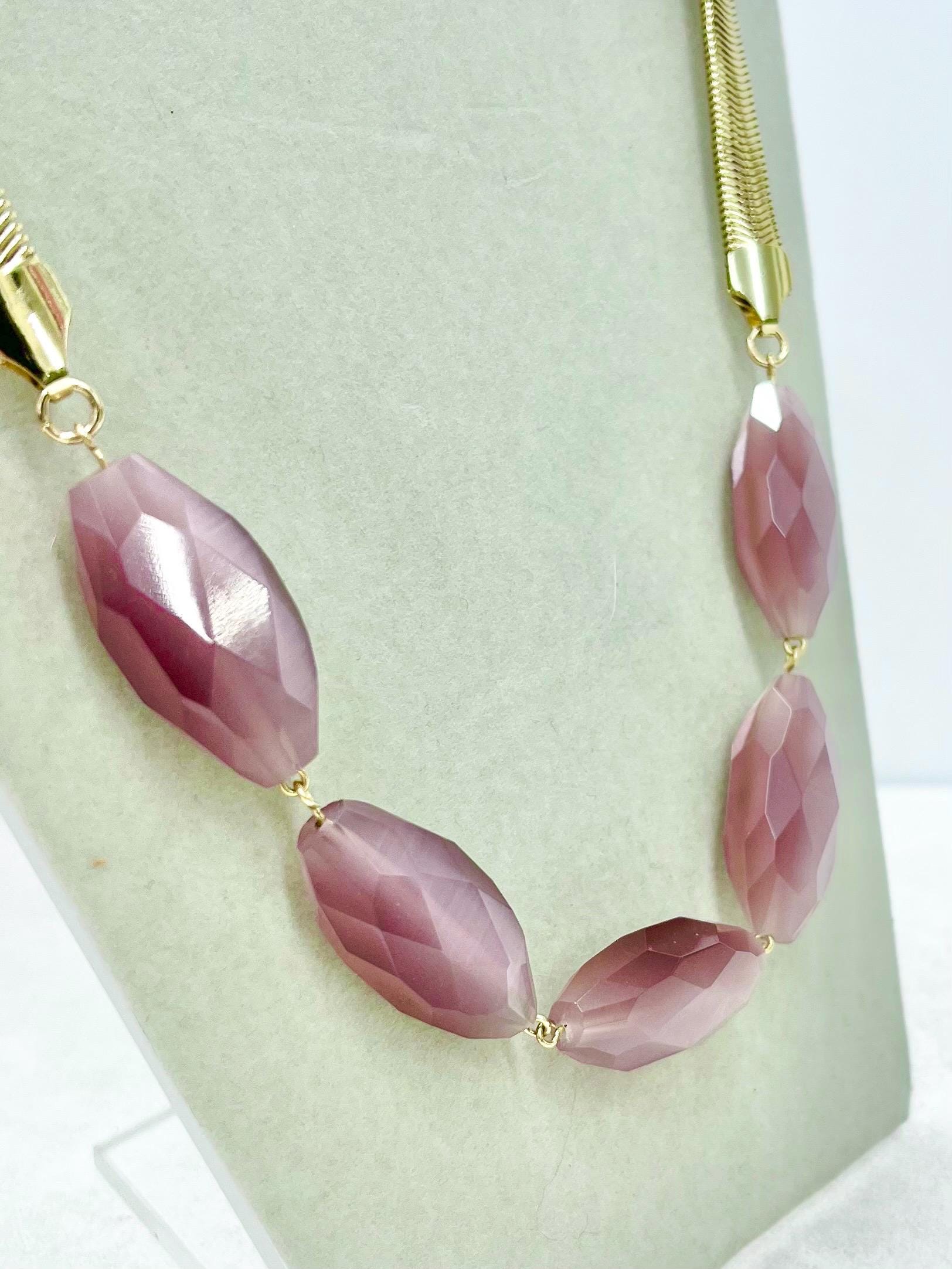 Stunning Faceted Light Amethyst Satin Glass Bead Gold Tone Chain Necklace - by Milly Oliver MillyOliverVintage