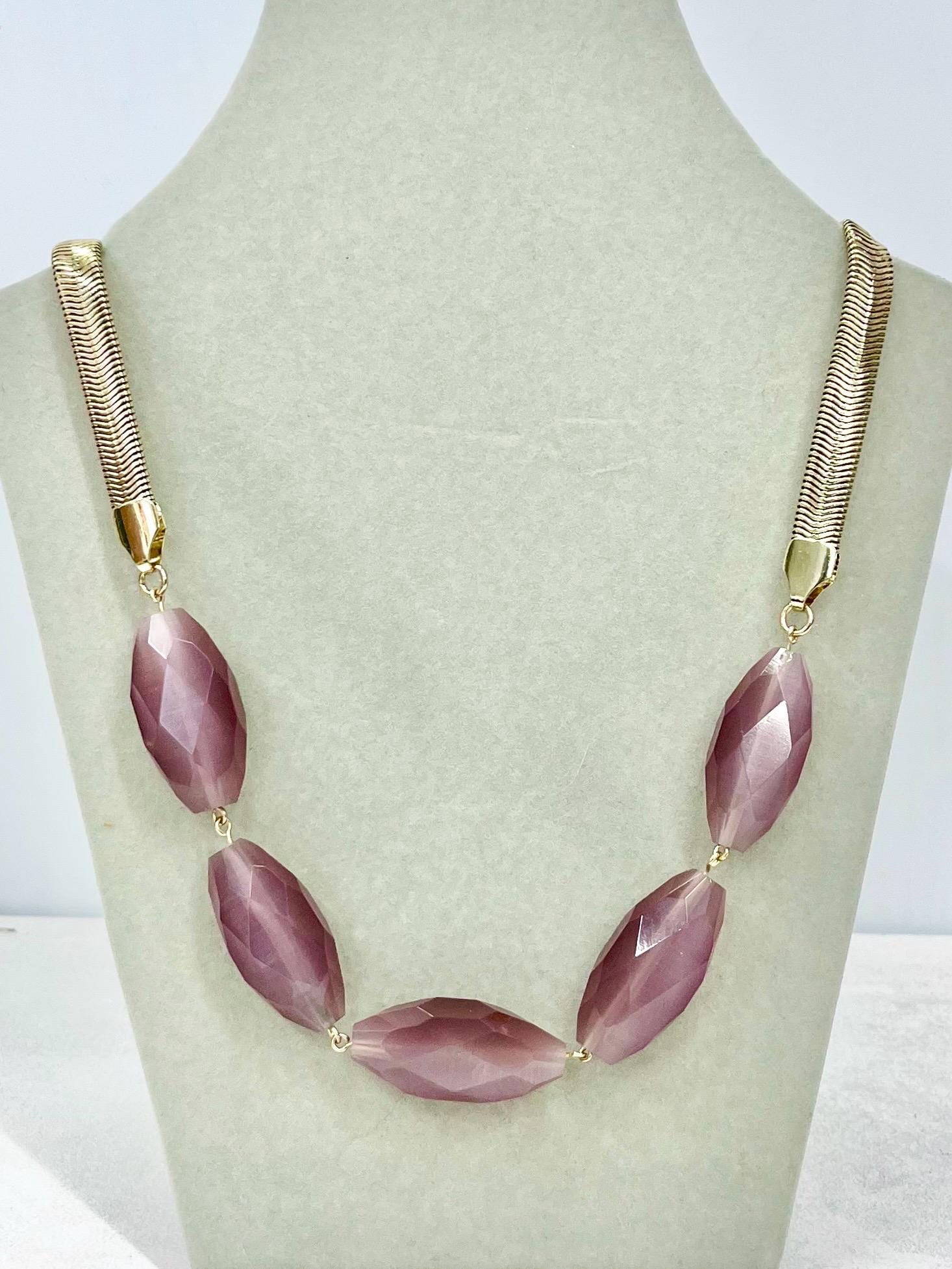 Stunning Faceted Light Amethyst Satin Glass Bead Gold Tone Chain Necklace - by Milly Oliver MillyOliverVintage