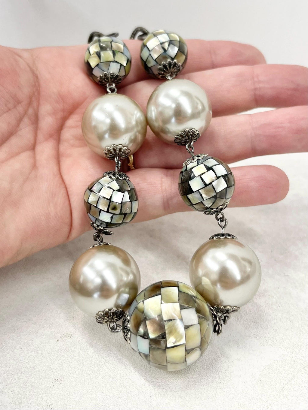 Chunky Faux Pearl & Shell Mosaic Bead Necklace - by Milly Oliver MillyOliverVintage