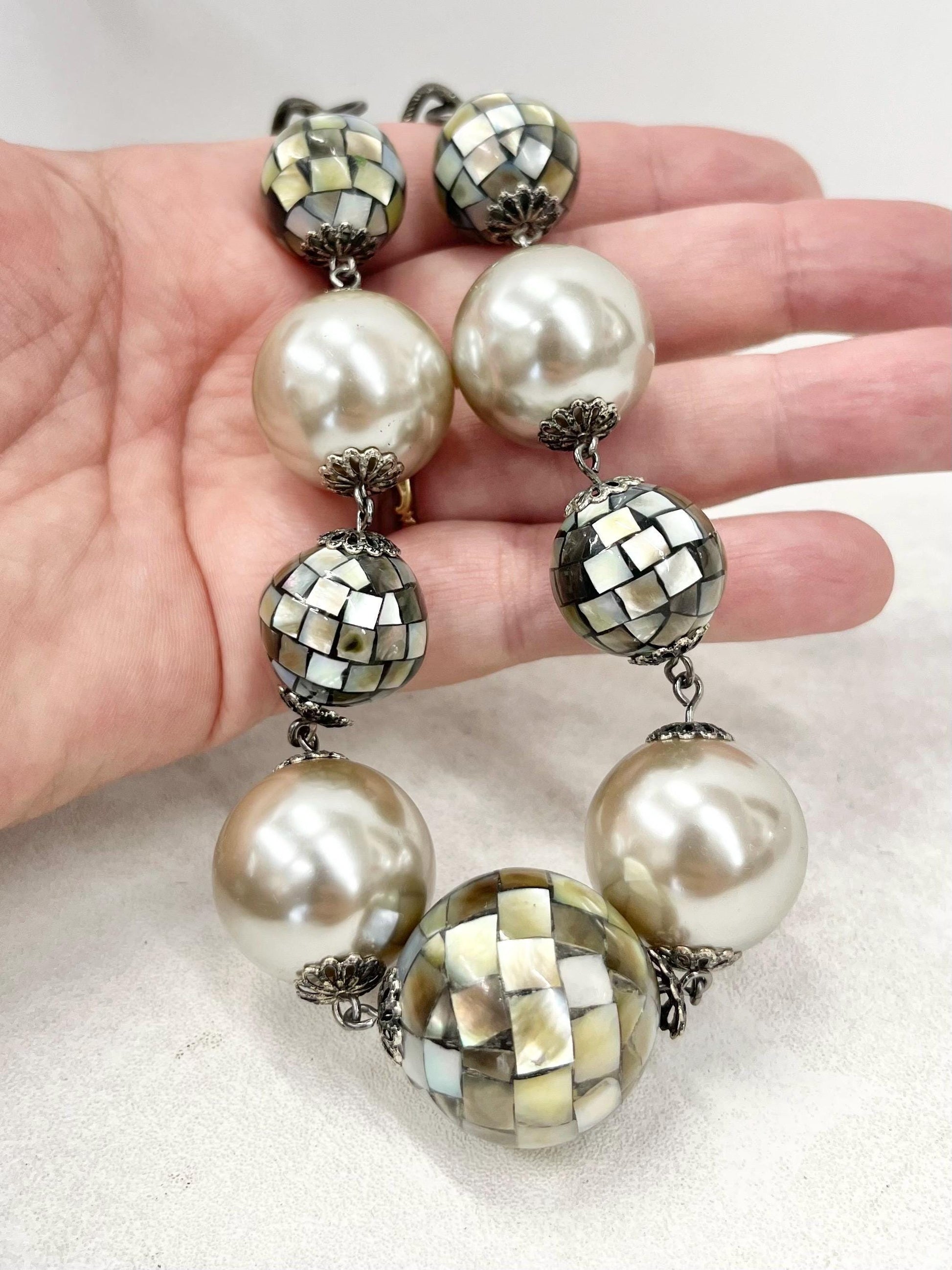 Chunky Faux Pearl & Shell Mosaic Bead Necklace - by Milly Oliver MillyOliverVintage