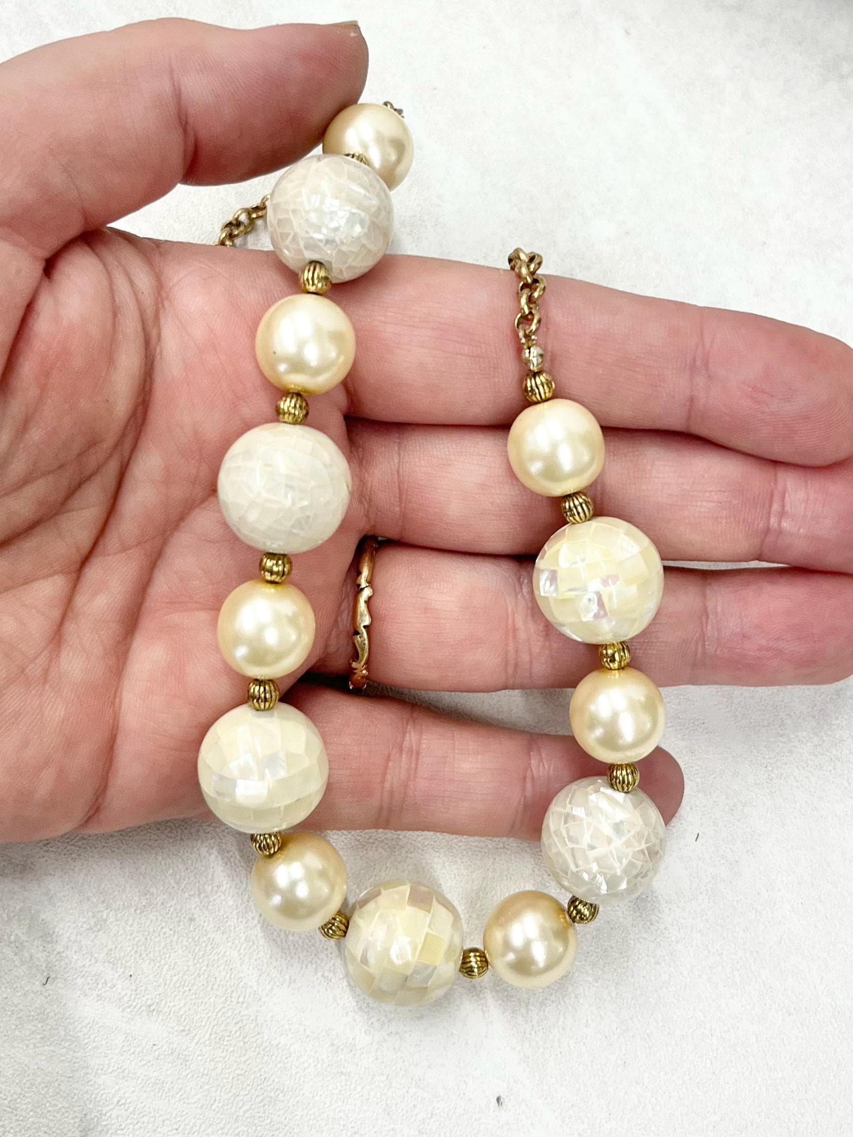 Faux Cream Pearl & Shell Mosaic Bead Necklace Gold Plated Chain - by Milly Oliver MillyOliverVintage