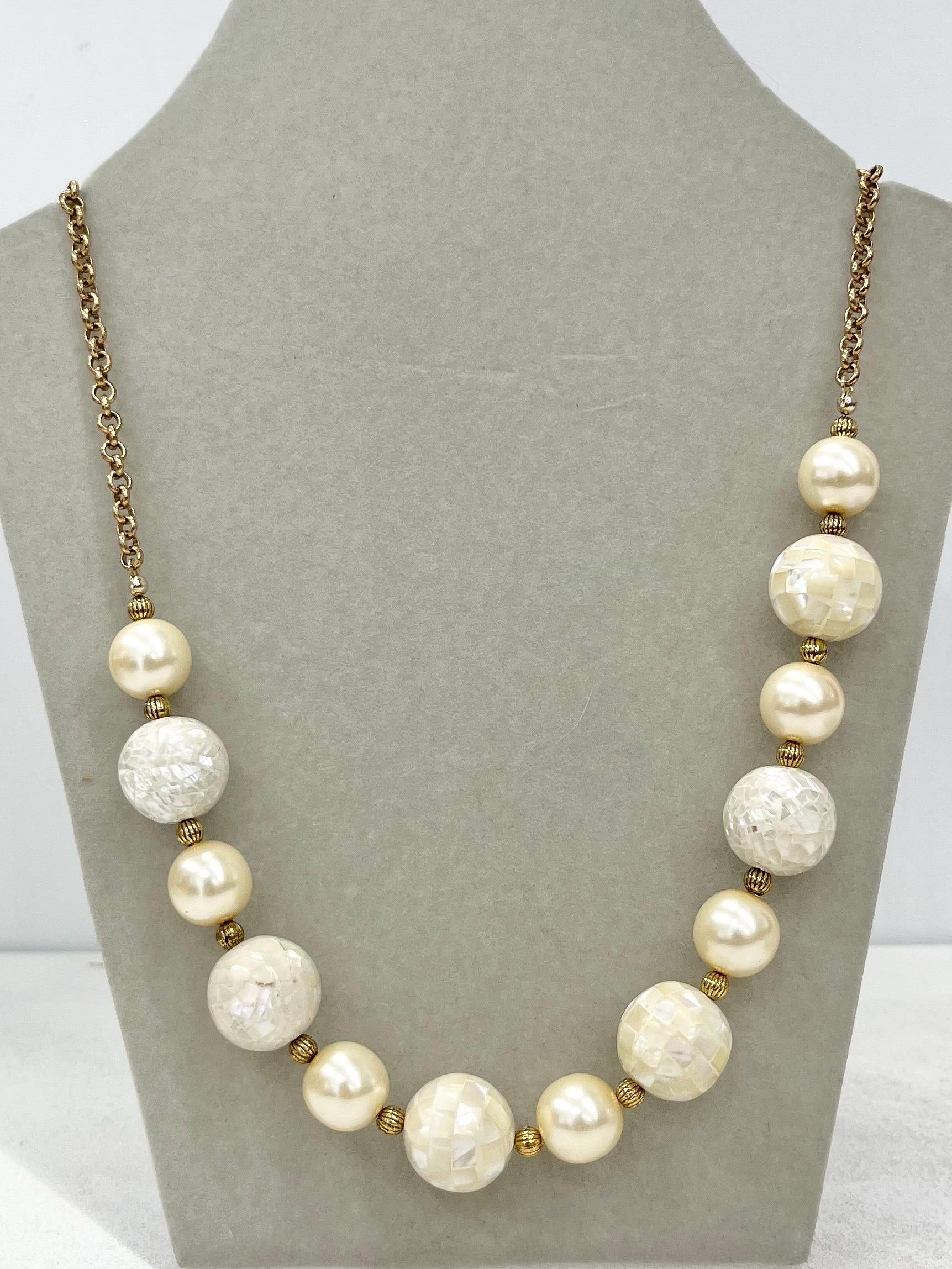 Faux Cream Pearl & Shell Mosaic Bead Necklace Gold Plated Chain - by Milly Oliver MillyOliverVintage