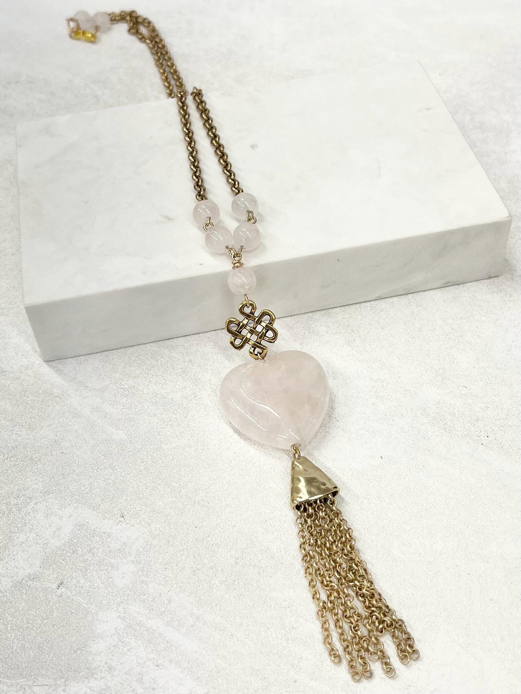 Rose Quartz Heart Drop Tassle Pendant Necklace Gold Plated Chain - 18” Long by Milly Oliver MillyOliverVintage