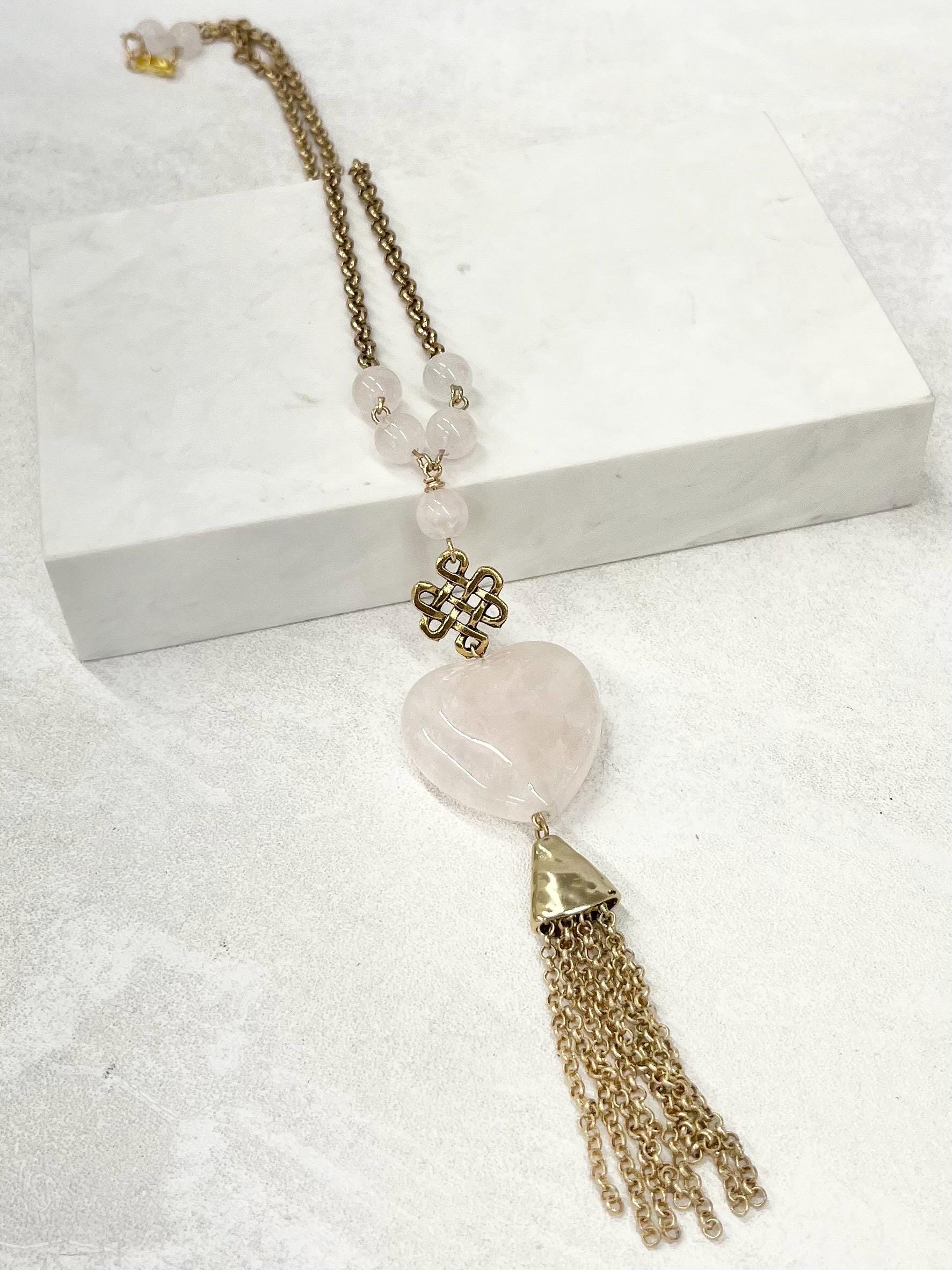 Rose Quartz Heart Drop Tassle Pendant Necklace Gold Plated Chain - 18” Long by Milly Oliver MillyOliverVintage