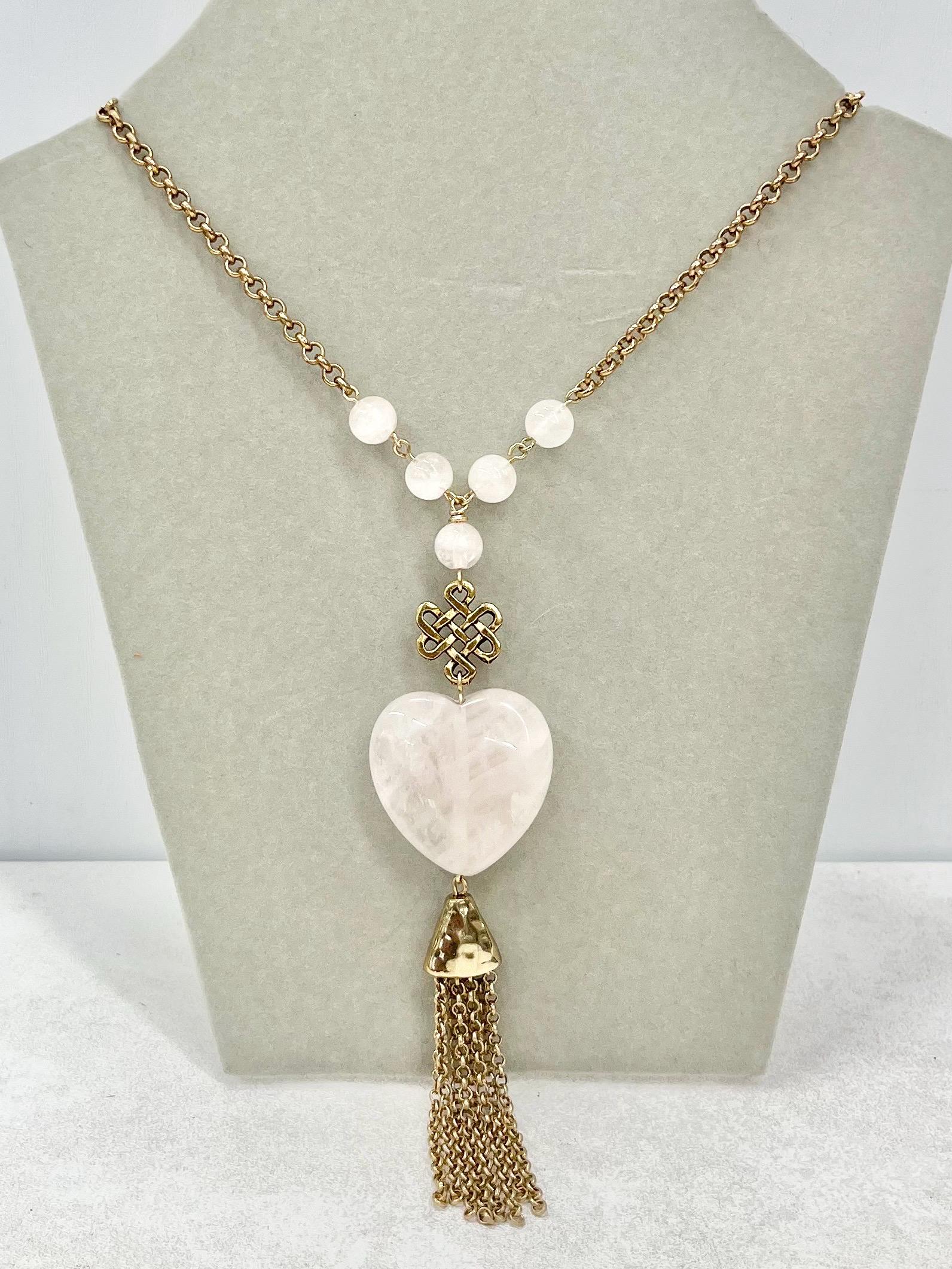Rose Quartz Heart Drop Tassle Pendant Necklace Gold Plated Chain - 18” Long by Milly Oliver MillyOliverVintage