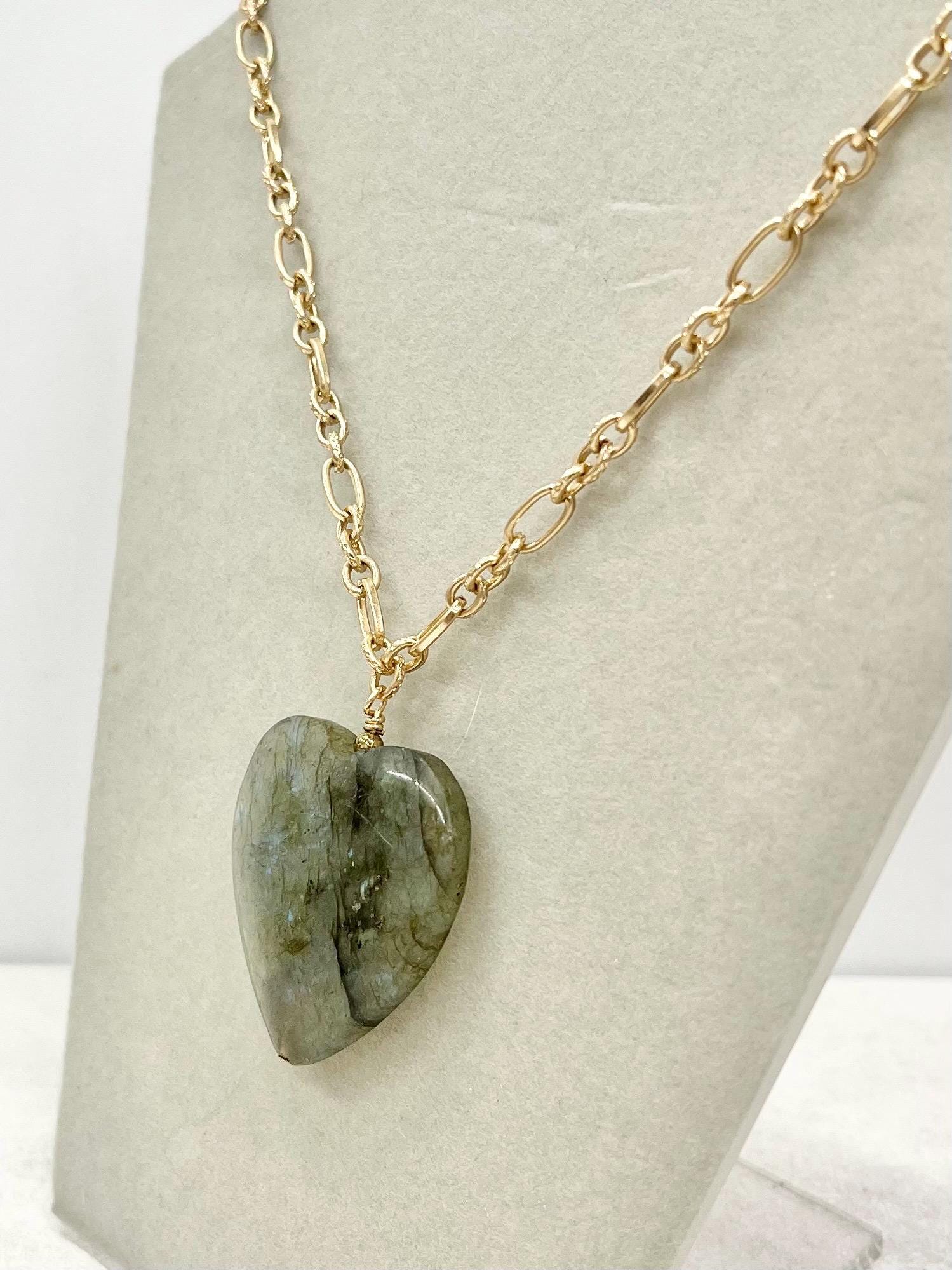 Flashy Natural Labradorite Heart Drop Pendant Necklace Gold Plated Fancy Chain - 18” Long by Milly Oliver MillyOliverVintage