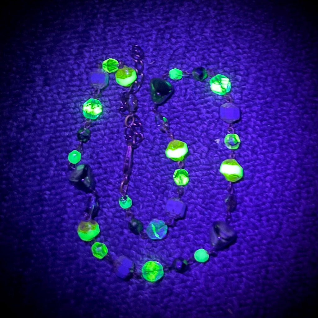 Vintage Blue and Green Czech Glass Uranium Bead Necklace UV Reactive Glow 15.5” Long with a 2” Extender MillyOliverVintage