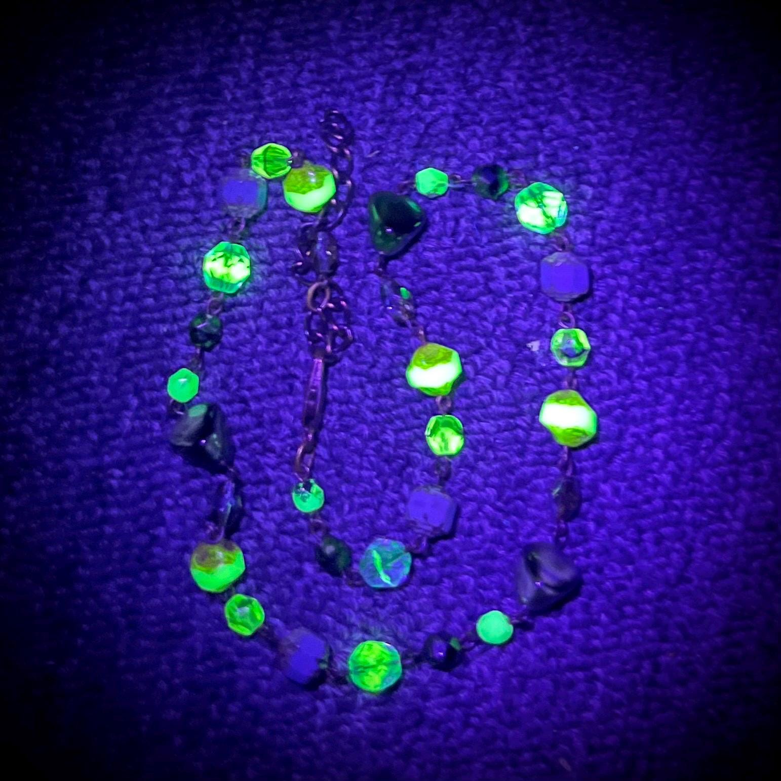 Vintage Blue and Green Czech Glass Uranium Bead Necklace UV Reactive Glow 15.5” Long with a 2” Extender MillyOliverVintage