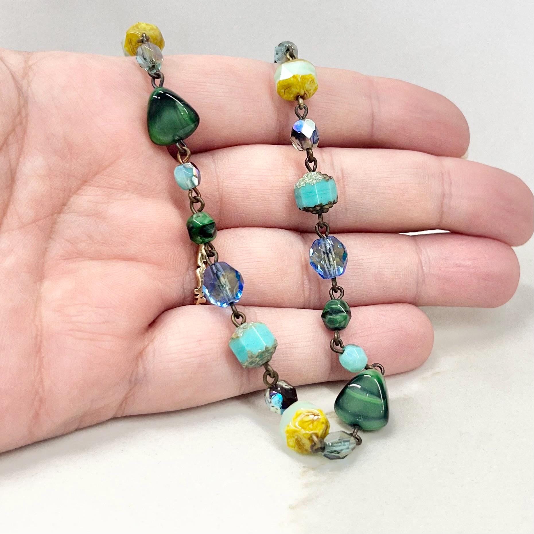 Vintage Blue and Green Czech Glass Uranium Bead Necklace UV Reactive Glow 15.5” Long with a 2” Extender MillyOliverVintage