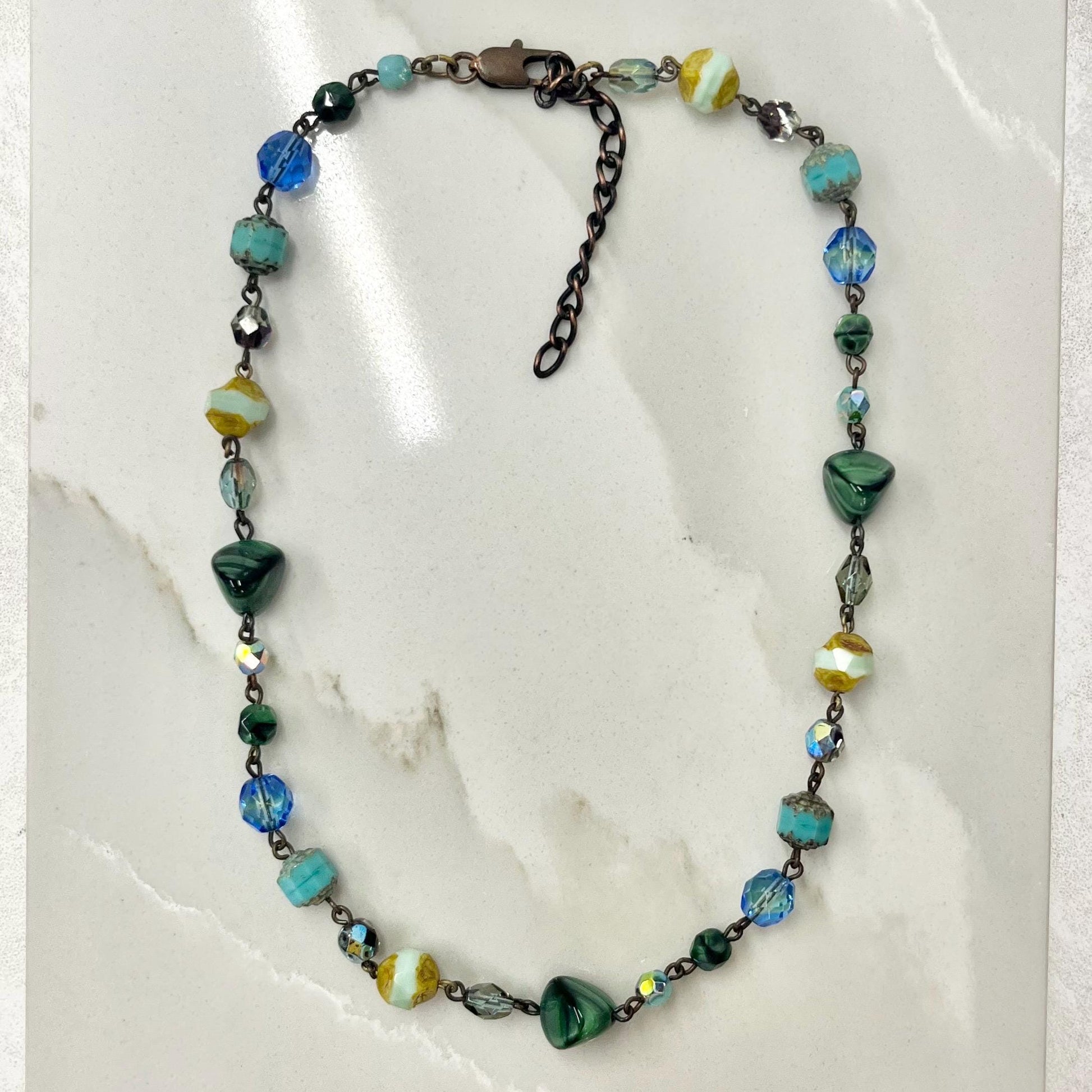 Vintage Blue and Green Czech Glass Uranium Bead Necklace UV Reactive Glow 15.5” Long with a 2” Extender MillyOliverVintage