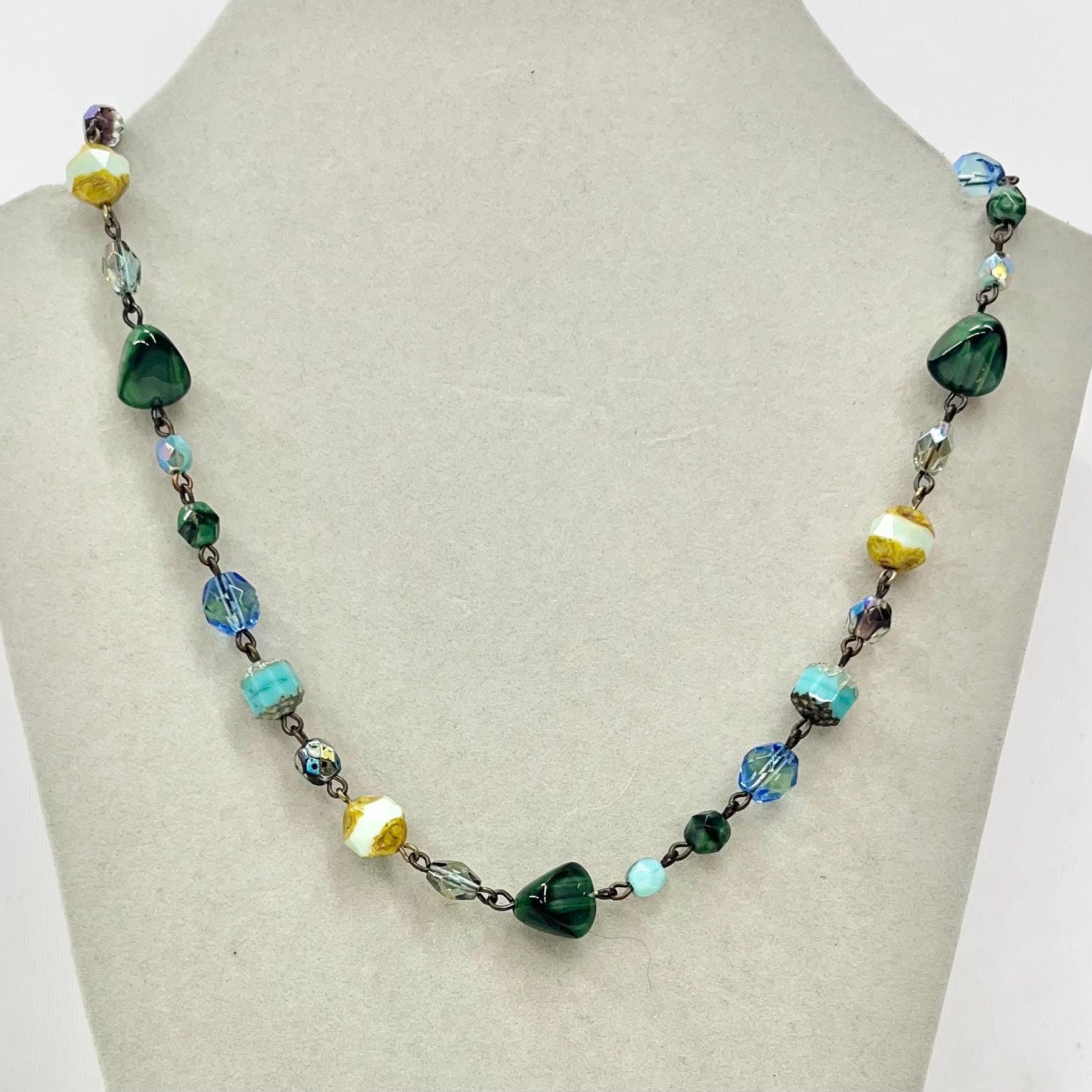 Vintage Blue and Green Czech Glass Uranium Bead Necklace UV Reactive Glow 15.5” Long with a 2” Extender MillyOliverVintage