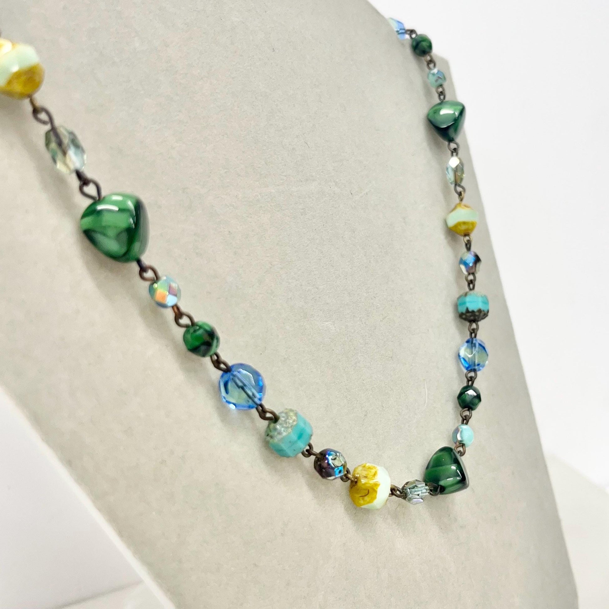 Vintage Blue and Green Czech Glass Uranium Bead Necklace UV Reactive Glow 15.5” Long with a 2” Extender MillyOliverVintage