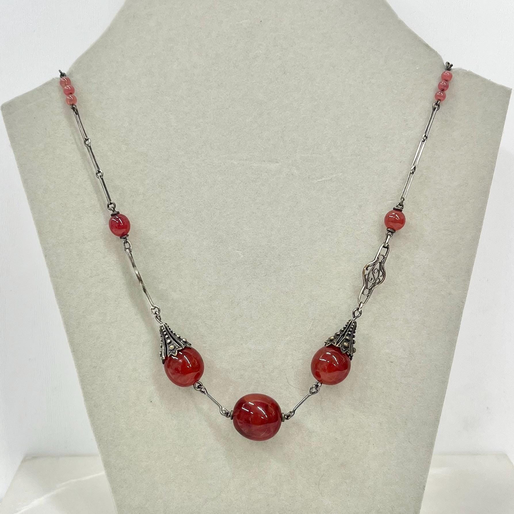 Czech Art Deco Red Carnelian Glass Uranium Bead Necklace UV Reactive Glow 18” Long MillyOliverVintage