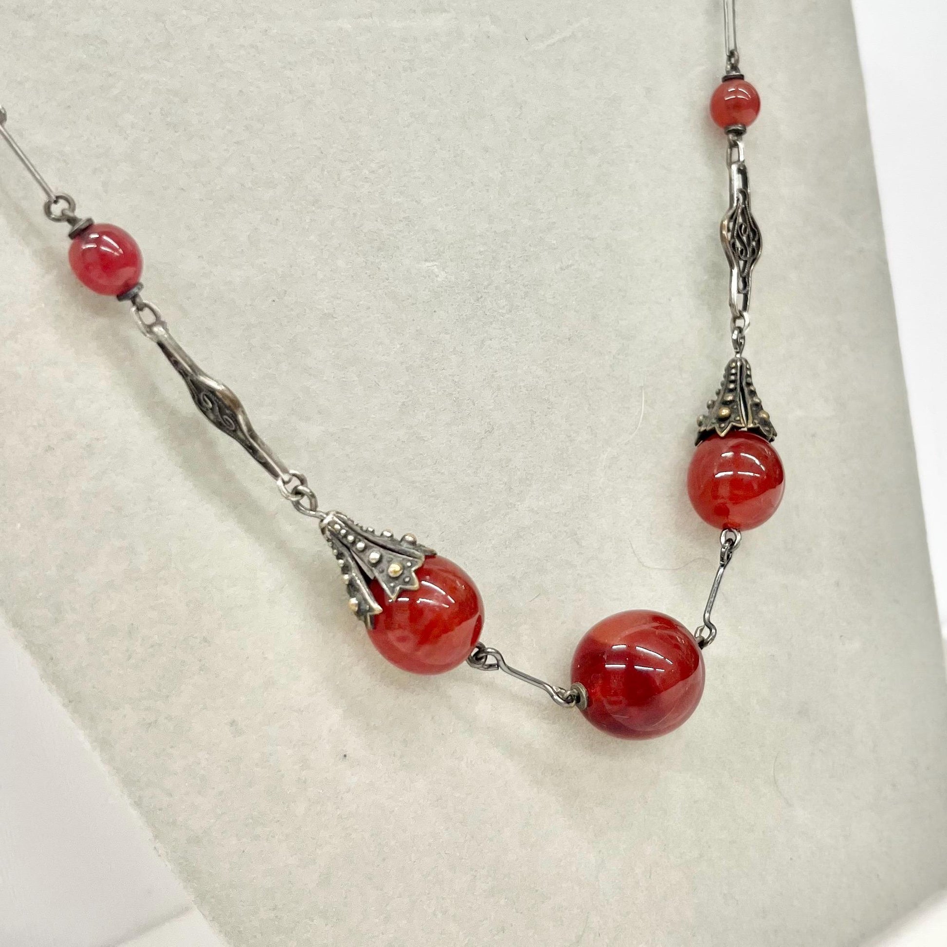 Czech Art Deco Red Carnelian Glass Uranium Bead Necklace UV Reactive Glow 18” Long MillyOliverVintage