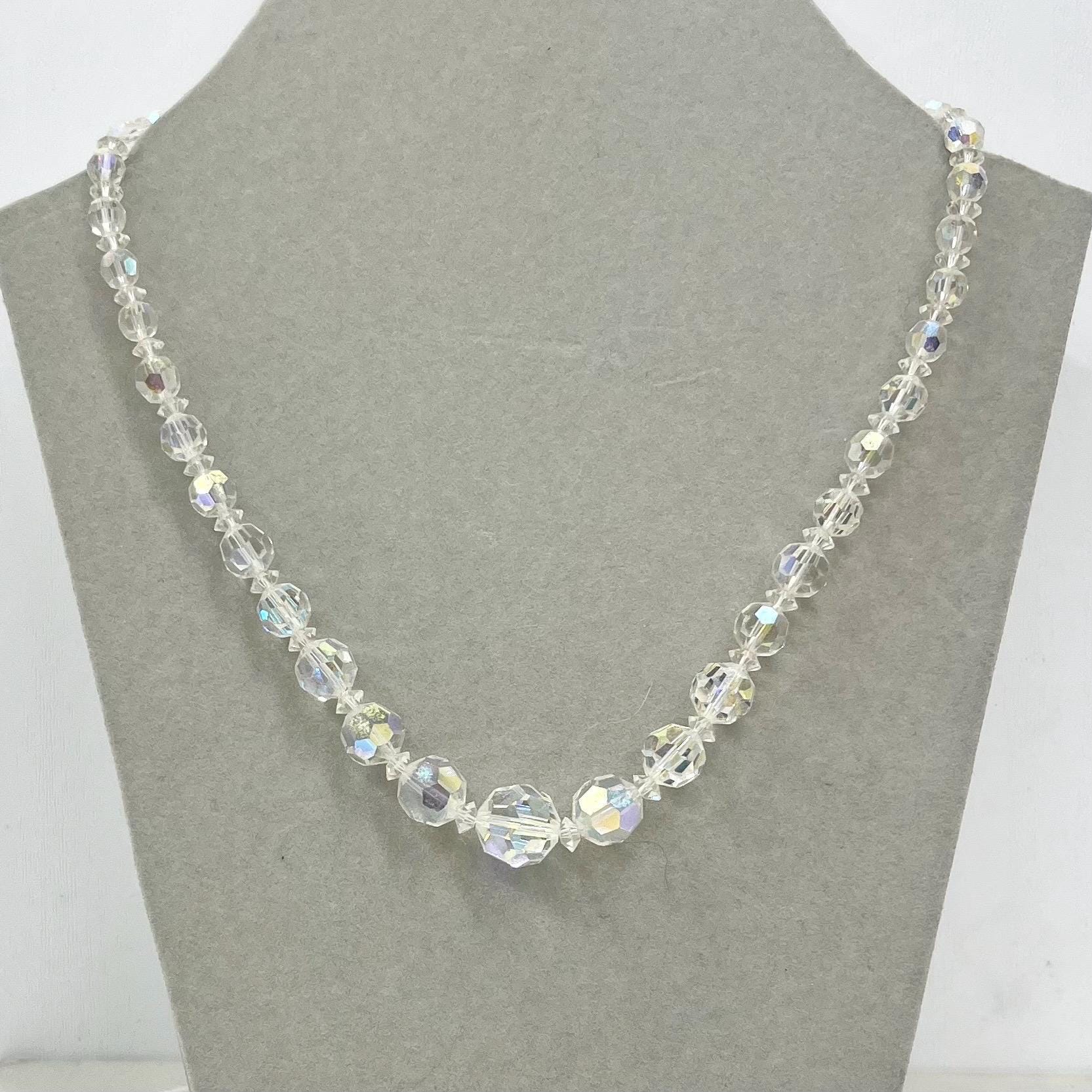 Vintage 1940’s - 1950’s Aurora Borealis Graduated Austrian Crystal Bead Necklace 16” with a Crystal Paste Clasp MillyOliverVintage