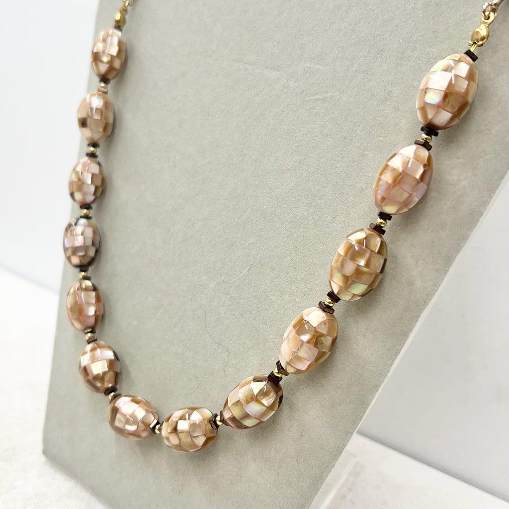 Peach Tan Mother of Pearl Shell Mosaic Bead Necklace Gold Plated Chain 20” Long - by Milly Oliver MillyOliverVintage