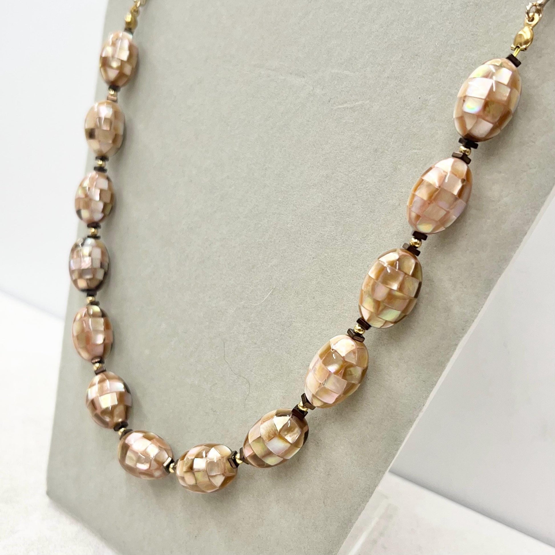 Peach Tan Mother of Pearl Shell Mosaic Bead Necklace Gold Plated Chain 20” Long - by Milly Oliver MillyOliverVintage
