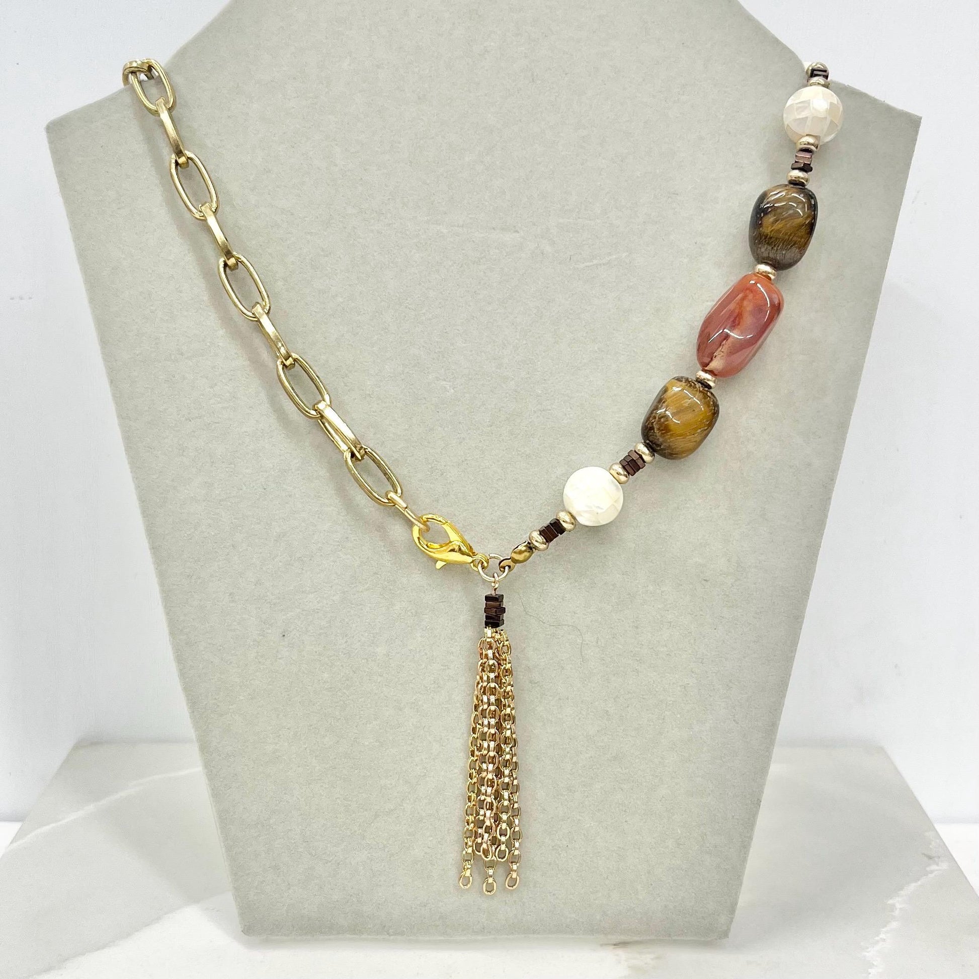 Asymetric Chain Mother Of Pearl Tigers Eye & Red Agate Tassle Drop Gold Plate Necklace 19” Long - by Milly Oliver MillyOliverVintage