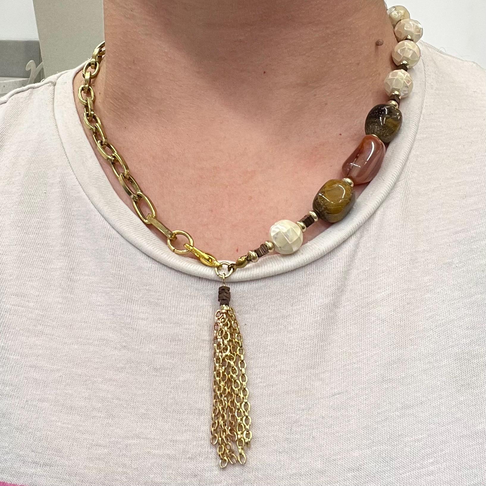 Asymetric Chain Mother Of Pearl Tigers Eye & Red Agate Tassle Drop Gold Plate Necklace 19” Long - by Milly Oliver MillyOliverVintage