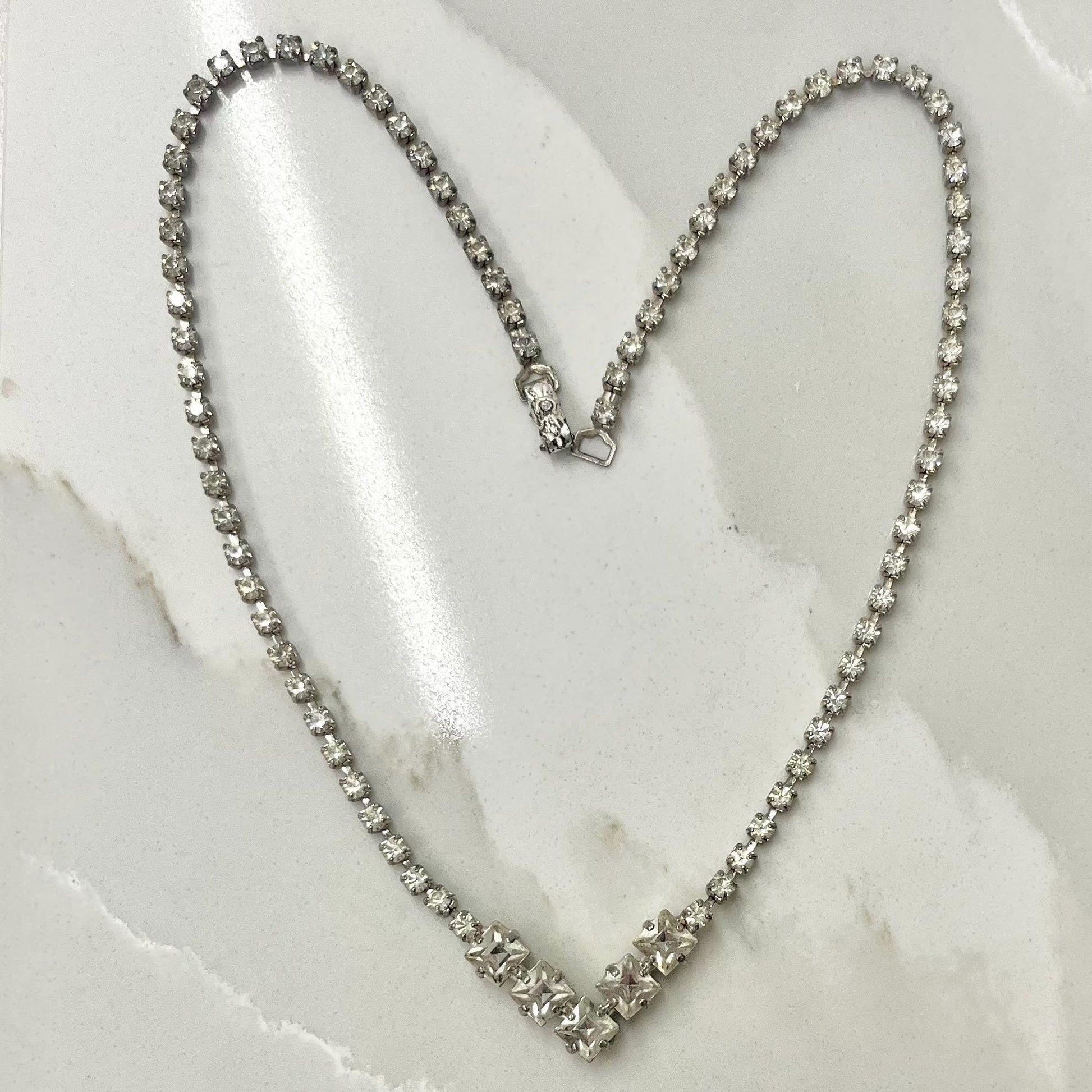Vintage Silver Tone Clear Crystal Paste V Neck Necklace 1950’s - 1960’s MillyOliverVintage