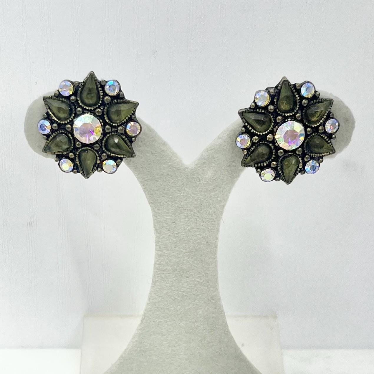 Vintage Diamante Crystal Flower Clip On Earrings in a Dark Gun Metal Setting 1980’s - 1990’s MillyOliverVintage