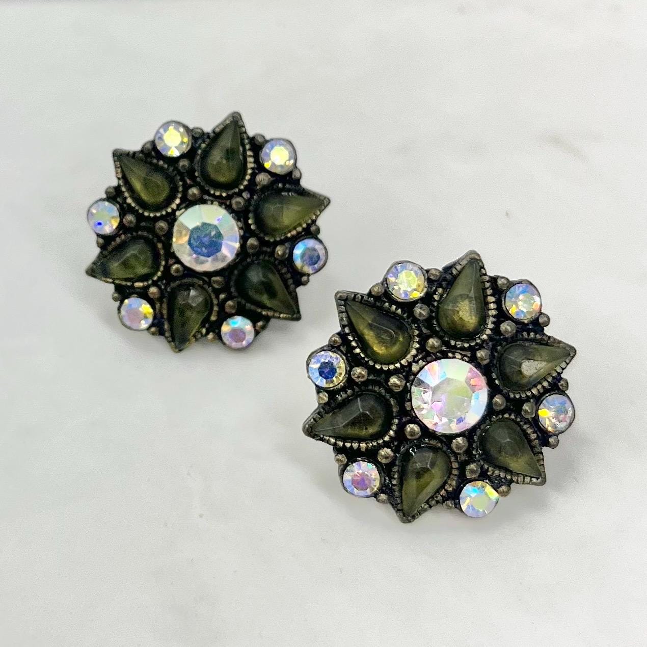 Vintage Diamante Crystal Flower Clip On Earrings in a Dark Gun Metal Setting 1980’s - 1990’s MillyOliverVintage