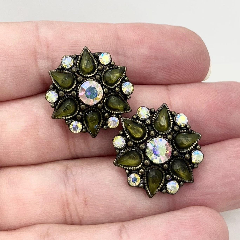 Vintage Diamante Crystal Flower Clip On Earrings in a Dark Gun Metal Setting 1980’s - 1990’s MillyOliverVintage