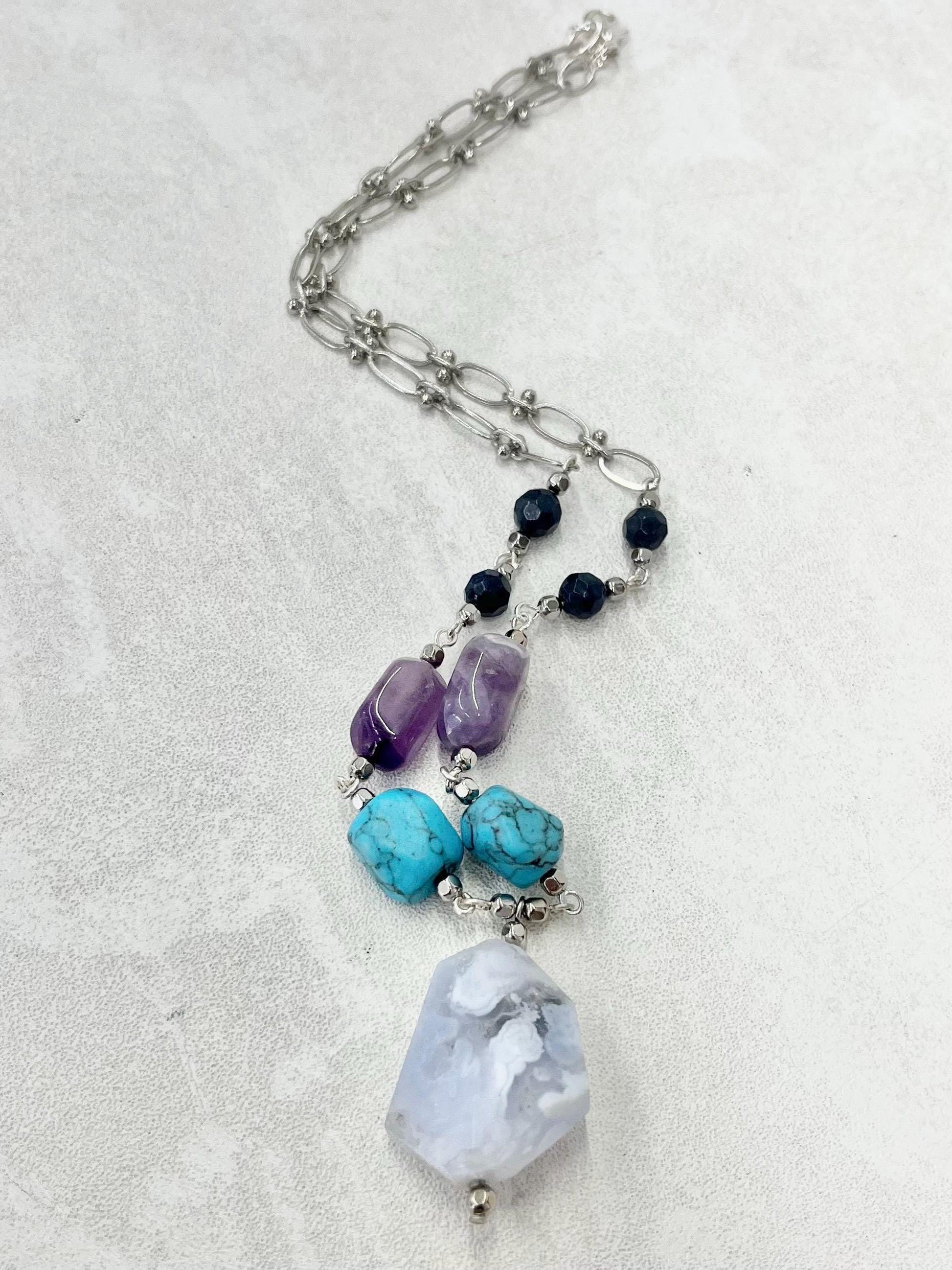 Blue Semi Precious Gemstone Necklace with Blue Lace Agate Amethyst Turquoise & Sodalit - by Milly Oliver MillyOliverVintage