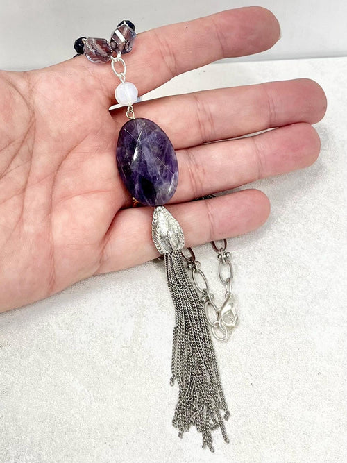 Amethyst and Sodalite Tassle Drop Semi Precious Gemstone Necklace - by Milly Oliver MillyOliverVintage