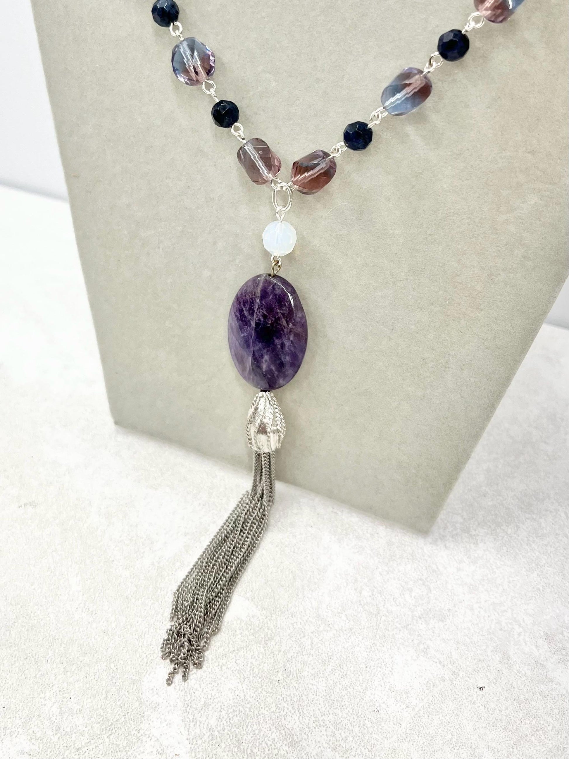 Amethyst and Sodalite Tassle Drop Semi Precious Gemstone Necklace - by Milly Oliver MillyOliverVintage