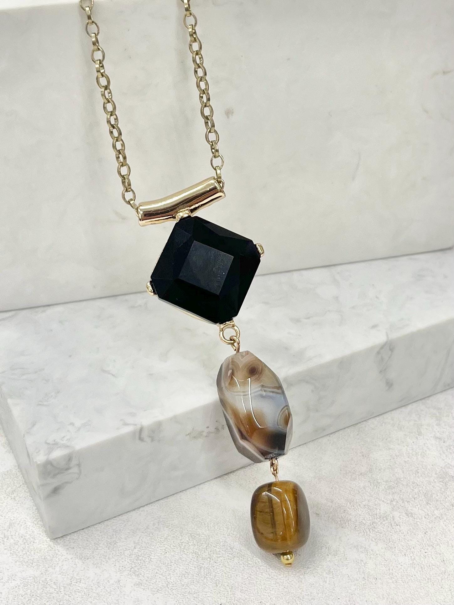 Striped Brown Agate and Tigers Eye Semi Precious Gemstone Necklace with a Facetex Black Cabochon & Gold Tone Accents - by Milly Oliver MillyOliverVintage