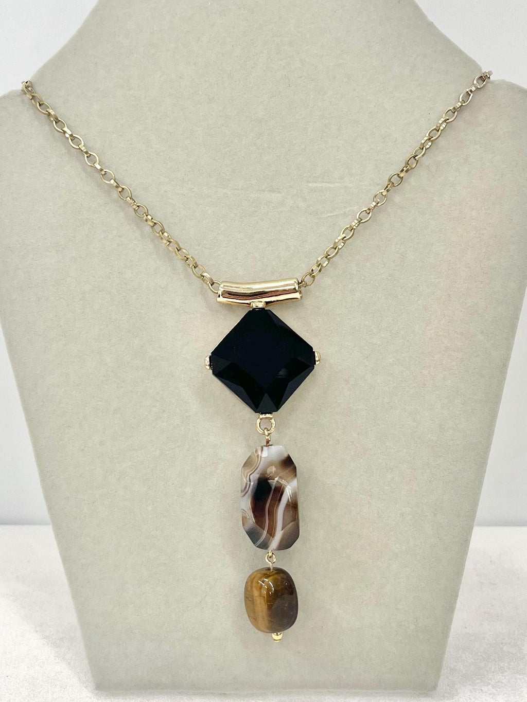 Striped Brown Agate and Tigers Eye Semi Precious Gemstone Necklace with a Facetex Black Cabochon & Gold Tone Accents - by Milly Oliver MillyOliverVintage