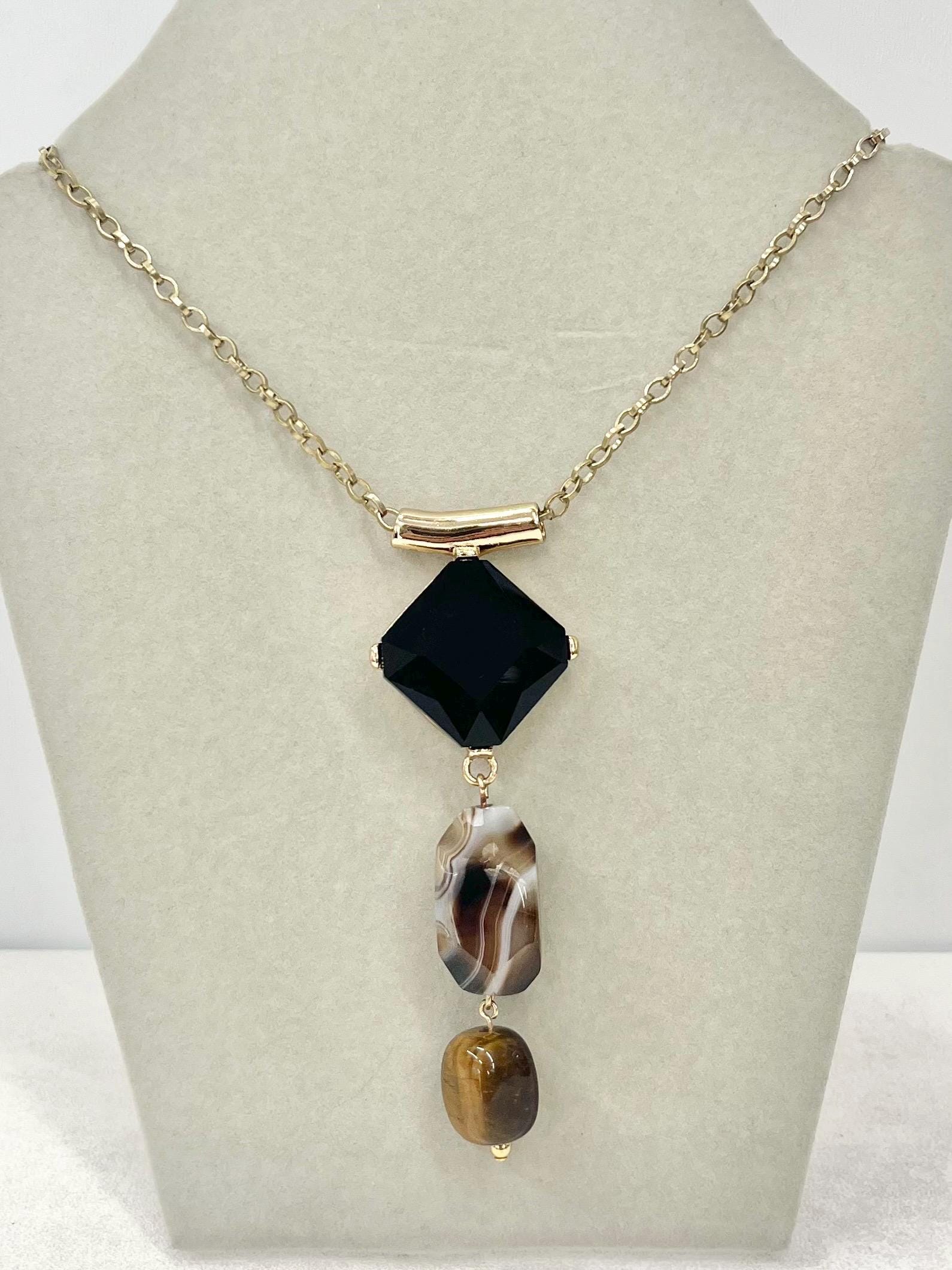 Striped Brown Agate and Tigers Eye Semi Precious Gemstone Necklace with a Facetex Black Cabochon & Gold Tone Accents - by Milly Oliver MillyOliverVintage