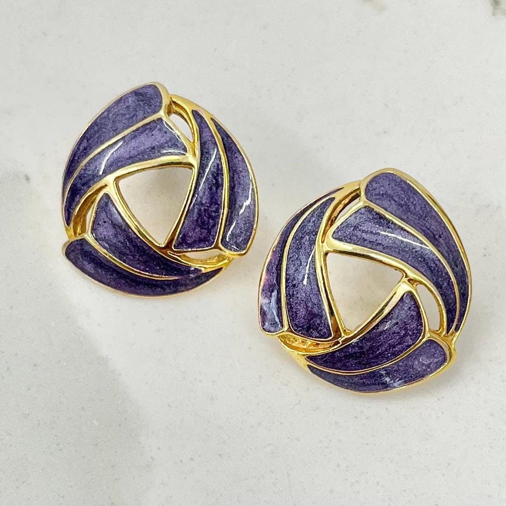 Vintage Gold Tone Purple Enamel Earrings for Pierced Ears 1980’s - 1990’s MillyOliverVintage