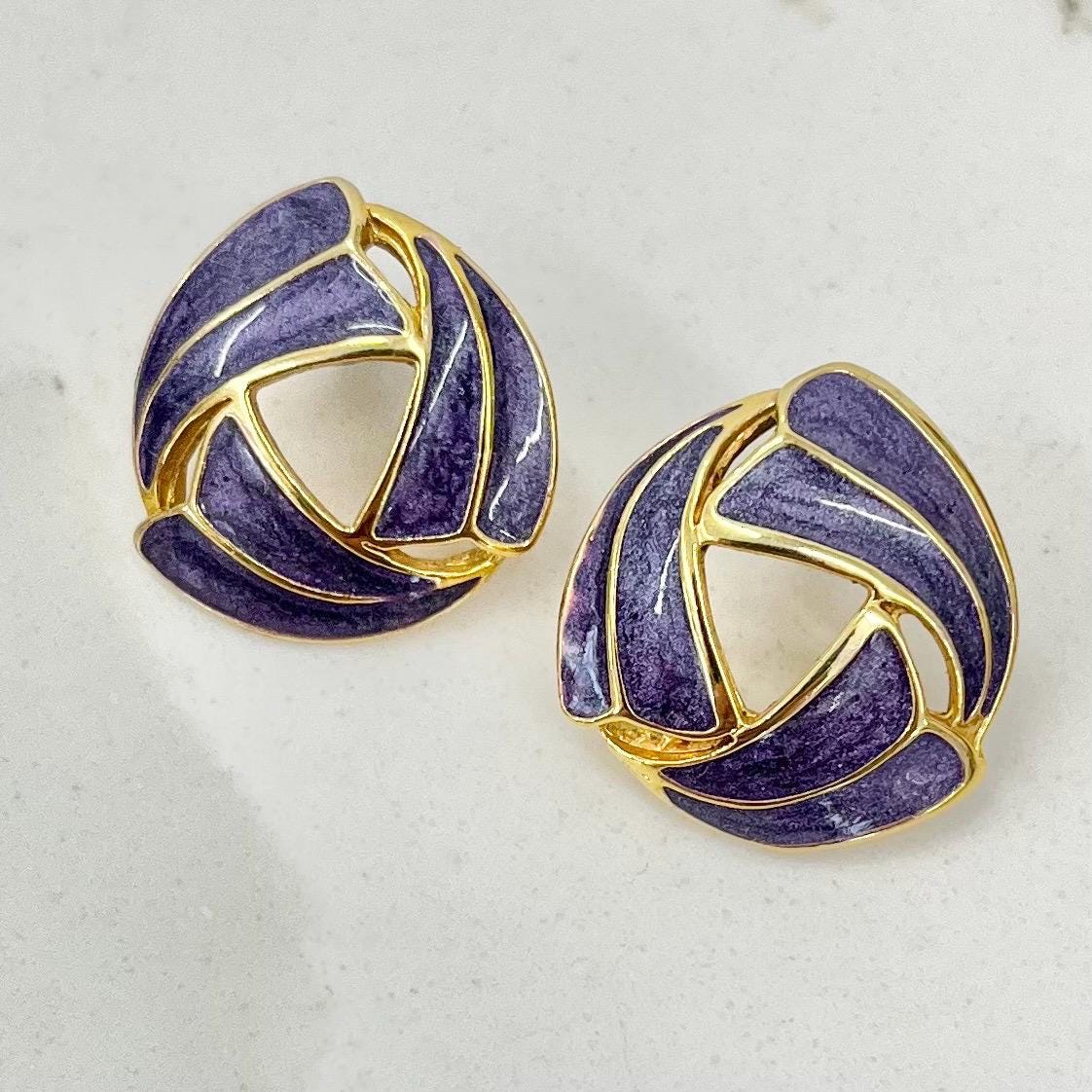 Vintage Gold Tone Purple Enamel Earrings for Pierced Ears 1980’s - 1990’s MillyOliverVintage