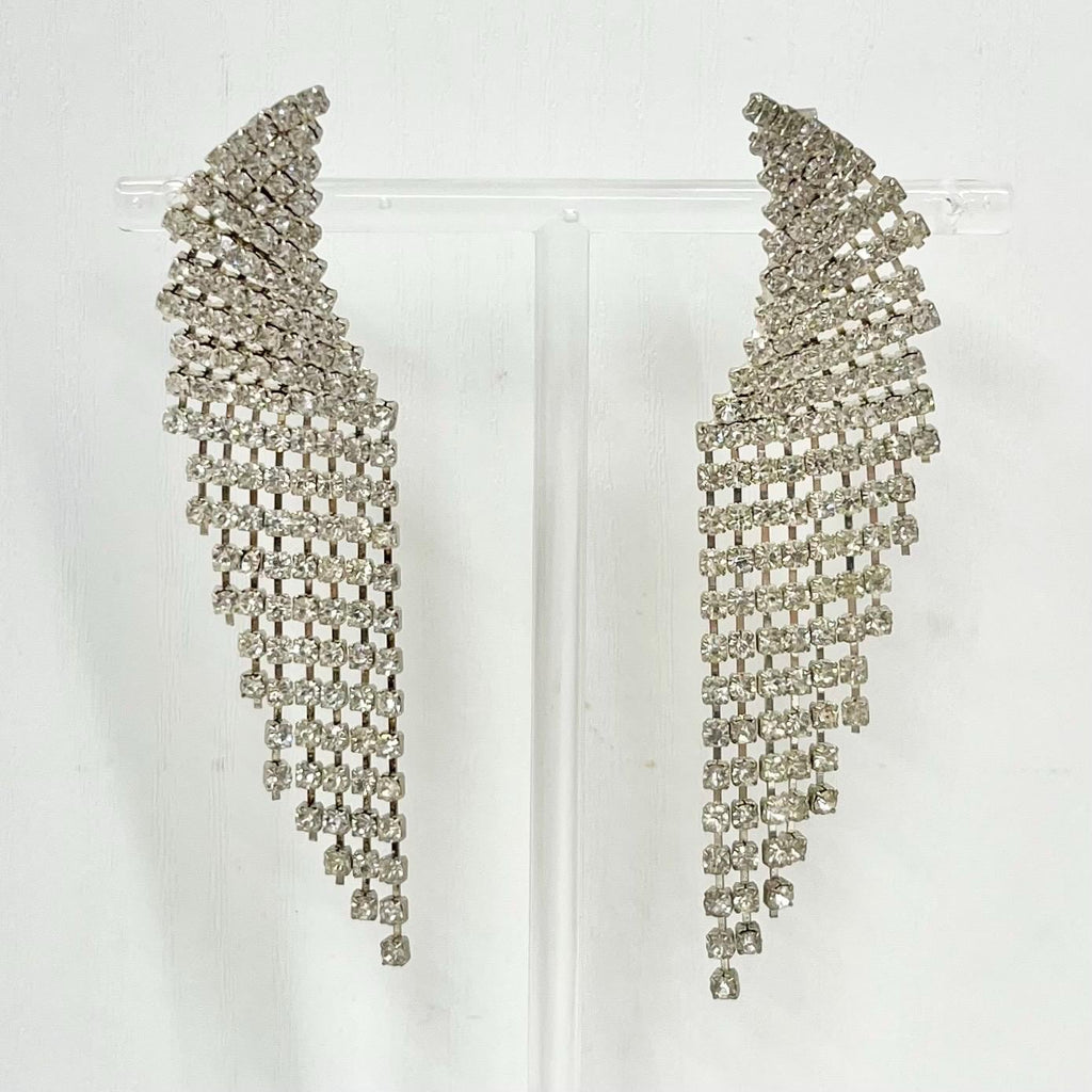 Vintage Silver Tone Diamante Crystal Long Tassle Drop Clip On Earrings 1980’s - 1990’s MillyOliverVintage