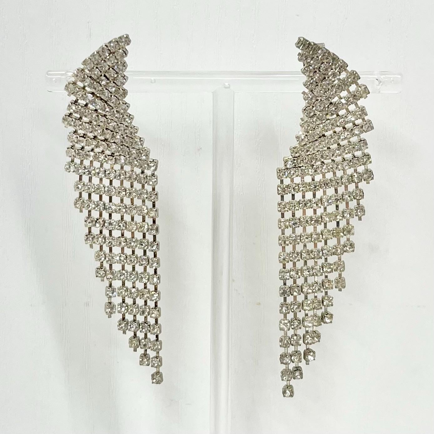 Vintage Silver Tone Diamante Crystal Long Tassle Drop Clip On Earrings 1980’s - 1990’s MillyOliverVintage