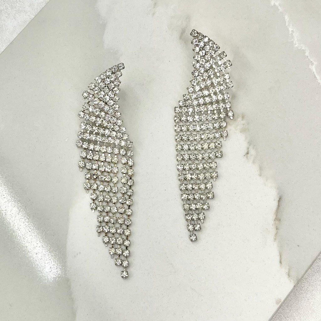 Vintage Silver Tone Diamante Crystal Long Tassle Drop Clip On Earrings 1980’s - 1990’s MillyOliverVintage