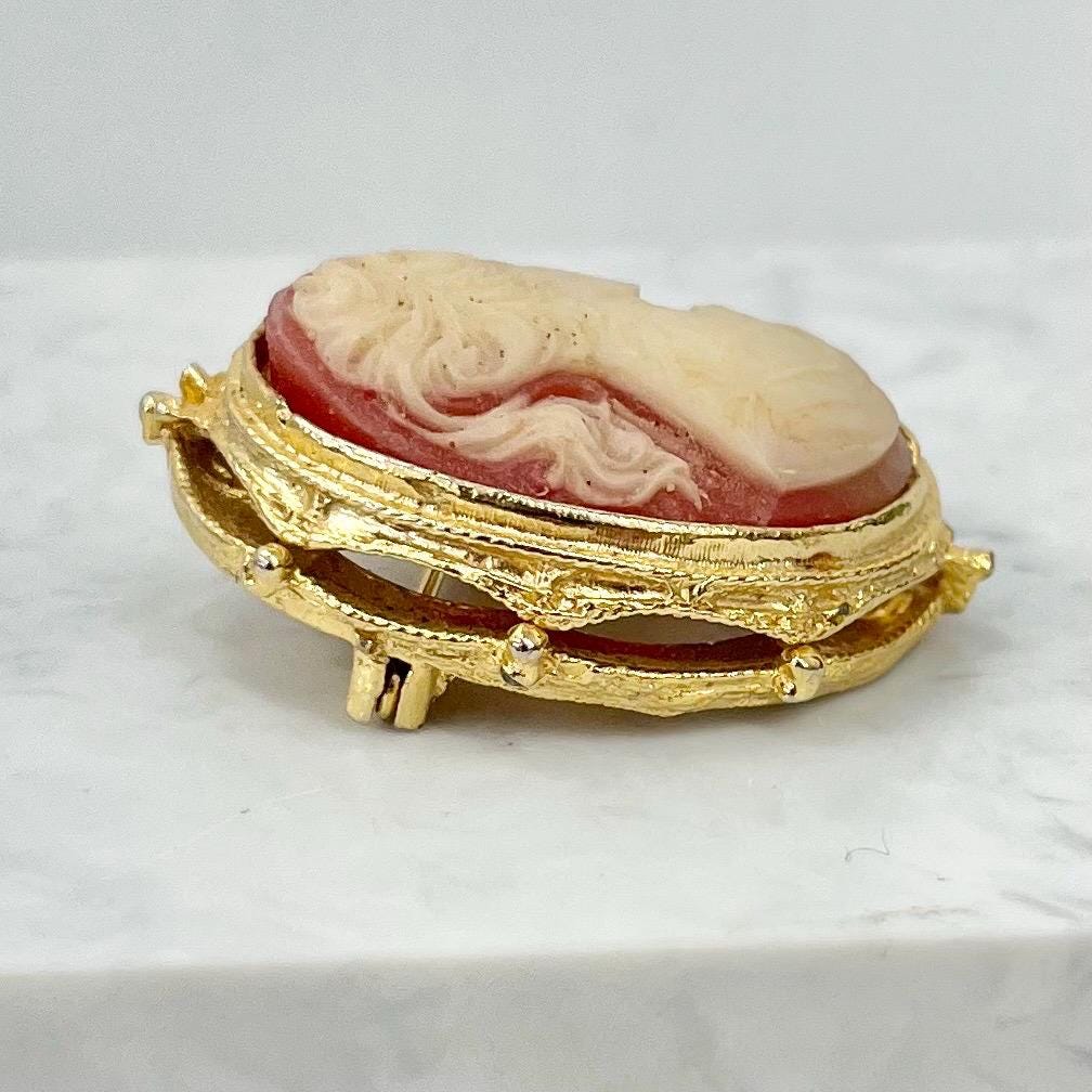 Vintage Orange Coral Coloured & Cream Faux Cameo Brooch in an Intricate Gold Tone Setting Victorian Style MillyOliverVintage