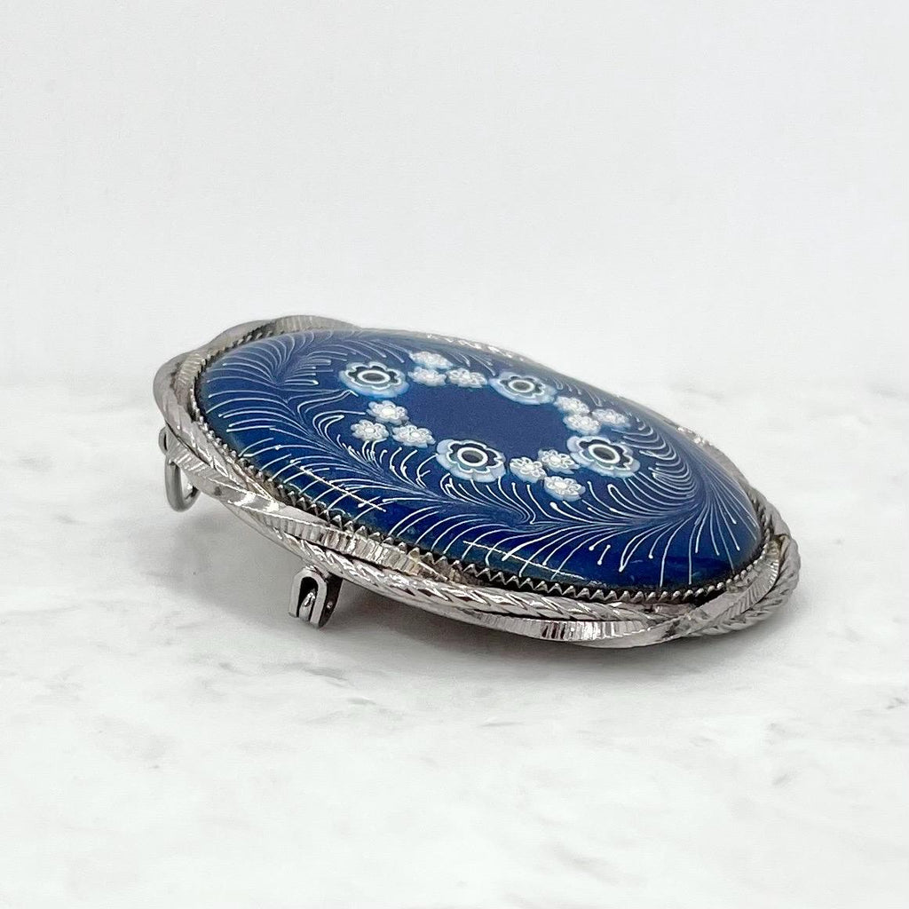 Vintage Large Silver Tone Oval Blue & White Millefiori Floral Glass Brooch / Pendant MillyOliverVintage
