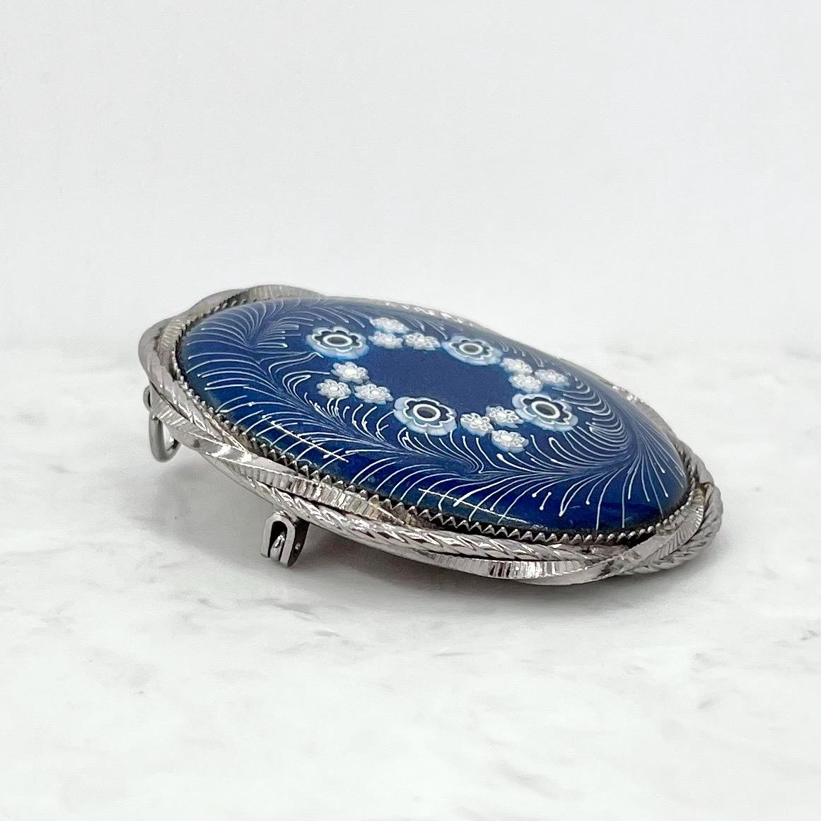 Vintage Large Silver Tone Oval Blue & White Millefiori Floral Glass Brooch / Pendant MillyOliverVintage