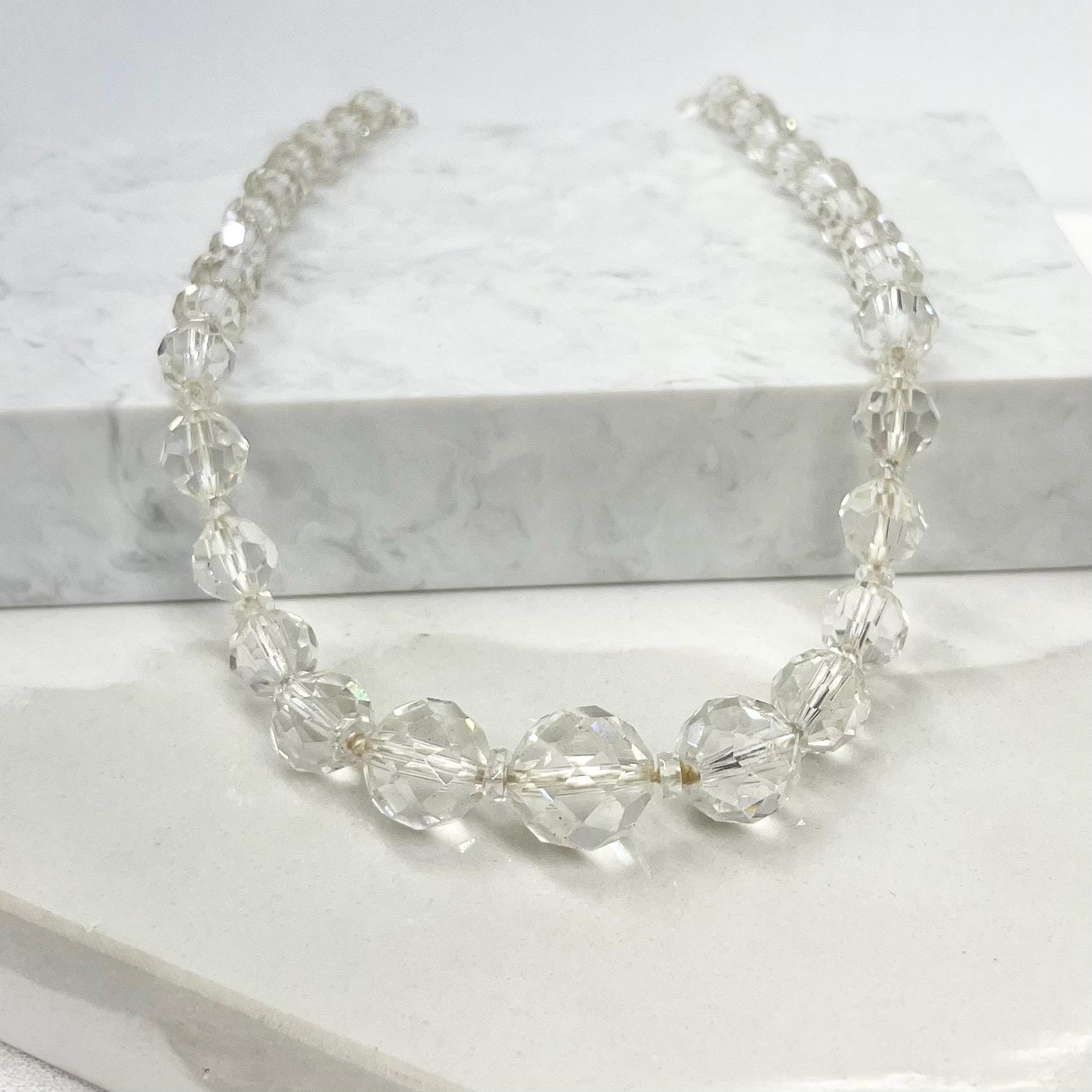 Vintage Art Deco 1930’s Long Clear Faceted Glass Crystal Round Bead Necklace Chunky Vintage Jewellery 16” Long MillyOliverVintage