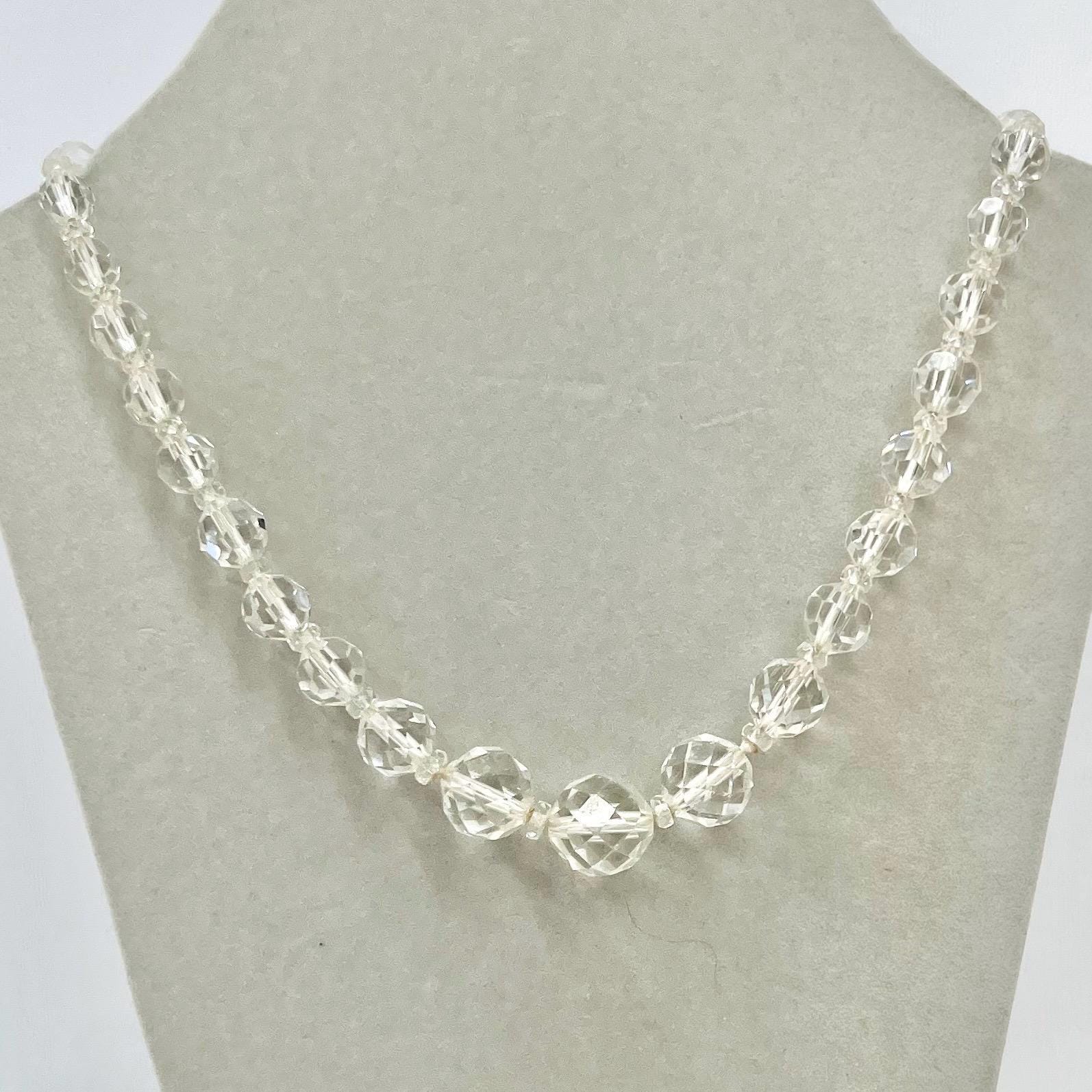 Vintage Art Deco 1930’s Long Clear Faceted Glass Crystal Round Bead Necklace Chunky Vintage Jewellery 16” Long MillyOliverVintage
