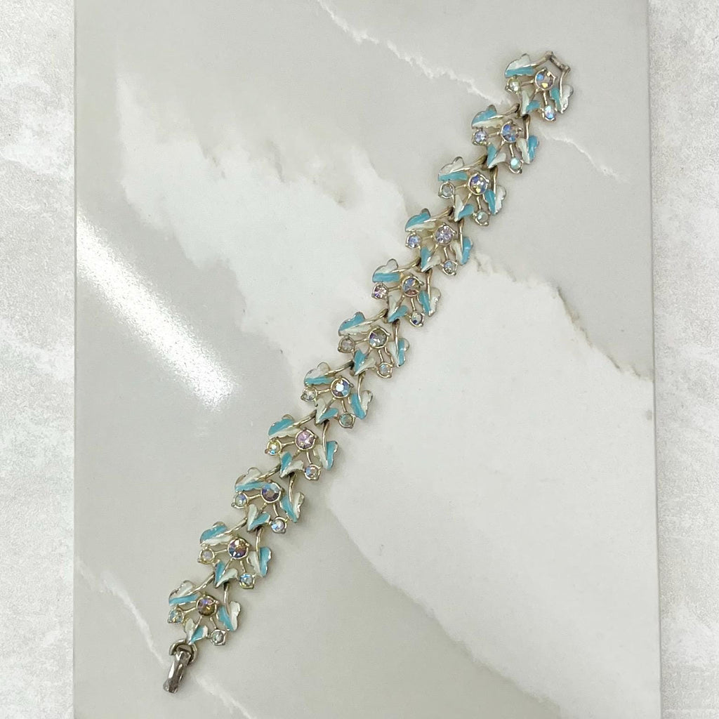 Vintage Turquoise Blue Aurora Borealis & Enamel 1970’s Leaf Link Silver Tone Bracelet MillyOliverVintage