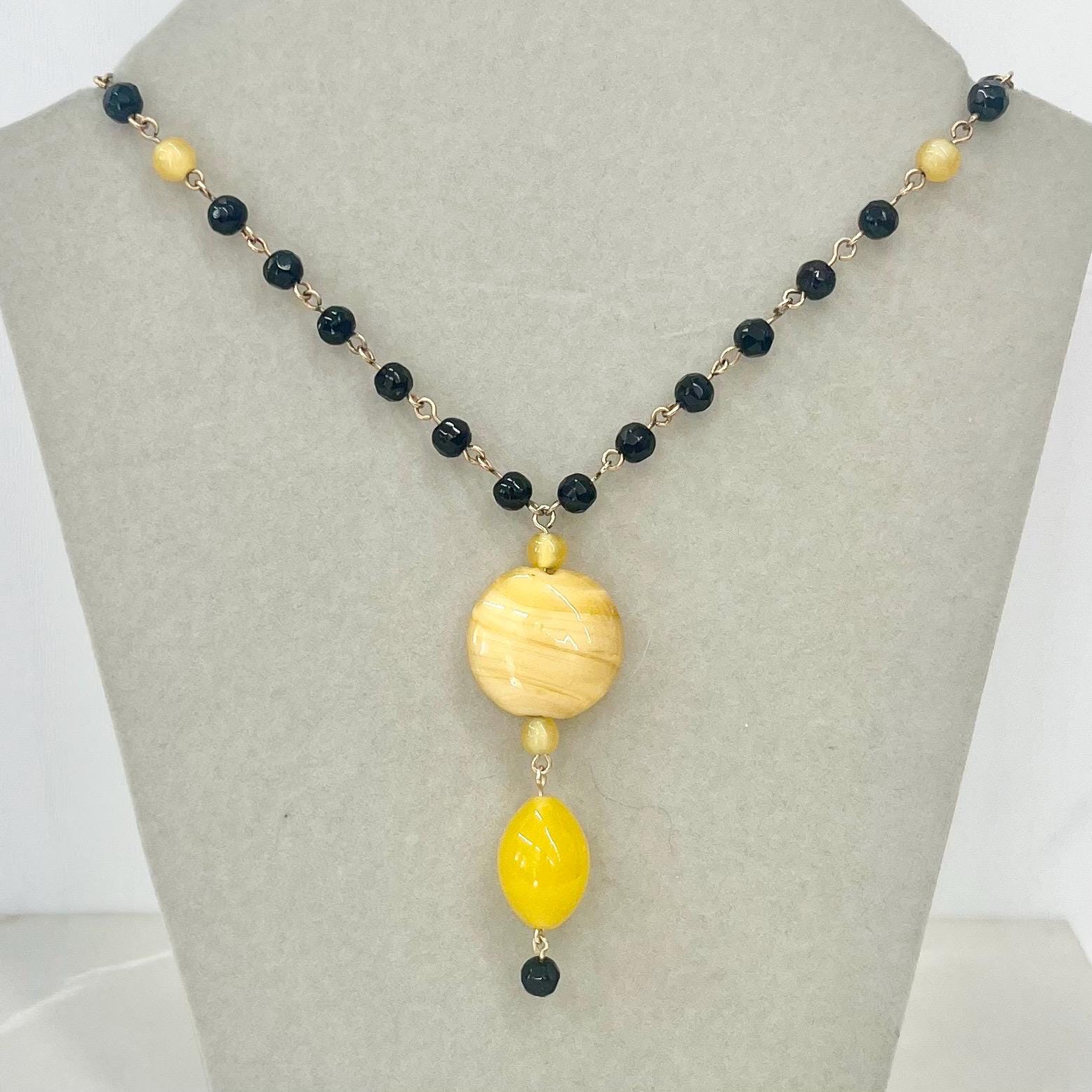 Czech Art Deco Black & Yellow Glass Uranium Bead Drop Necklace UV Reactive Glow 15” Long with a 2” Extender Chain MillyOliverVintage