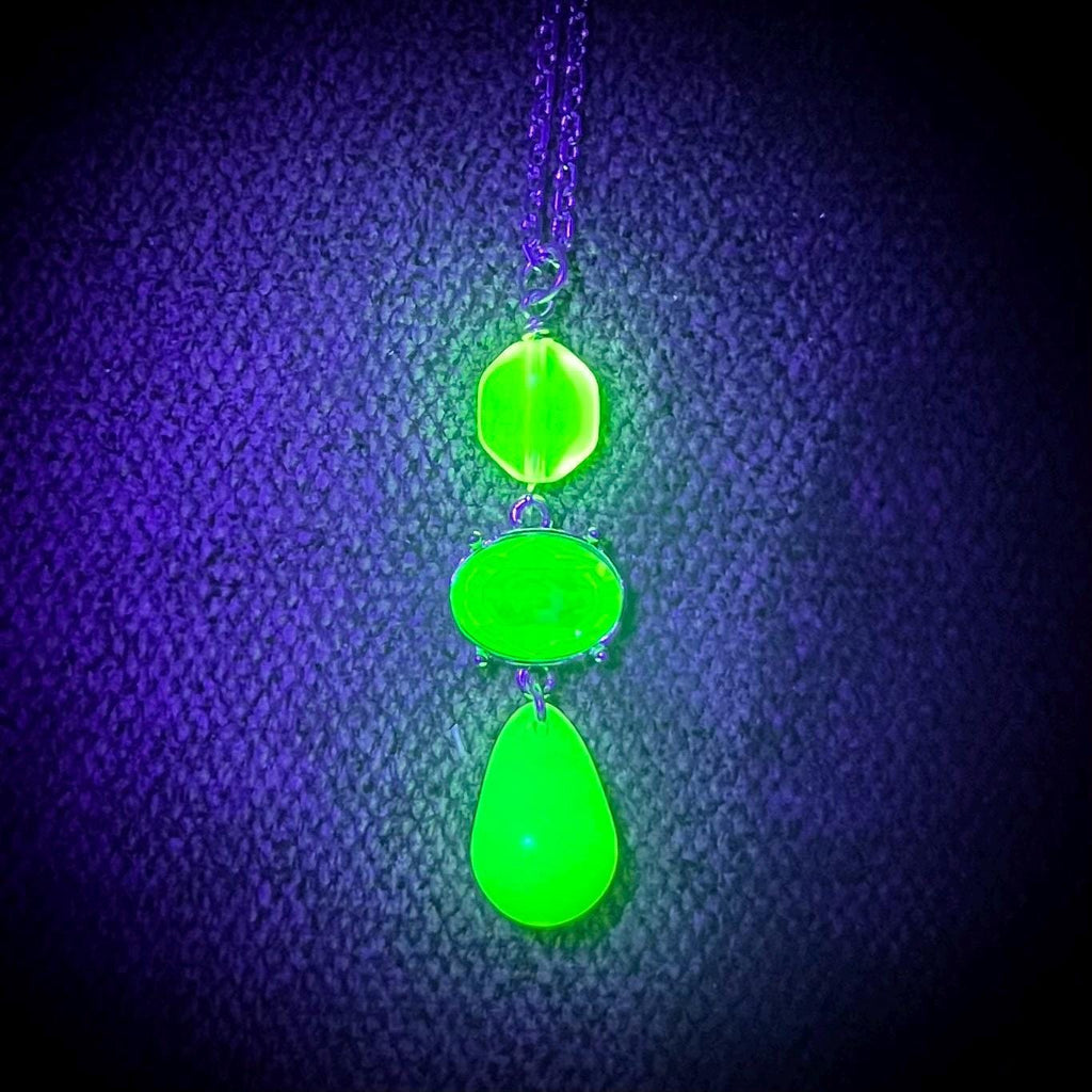 Yellow & Green Uranium Glass and Crystals Pendant and Silver Plate Chain UV Reactive Glow MillyOliverVintage