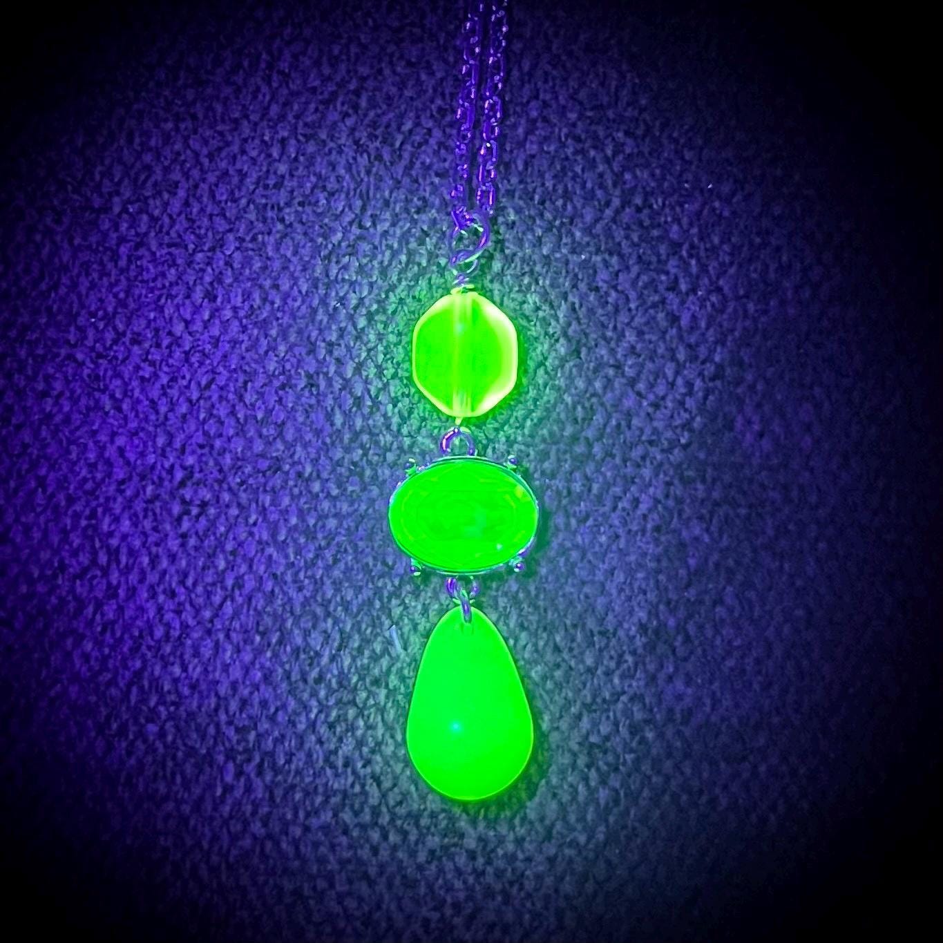 Yellow & Green Uranium Glass and Crystals Pendant and Silver Plate Chain UV Reactive Glow MillyOliverVintage