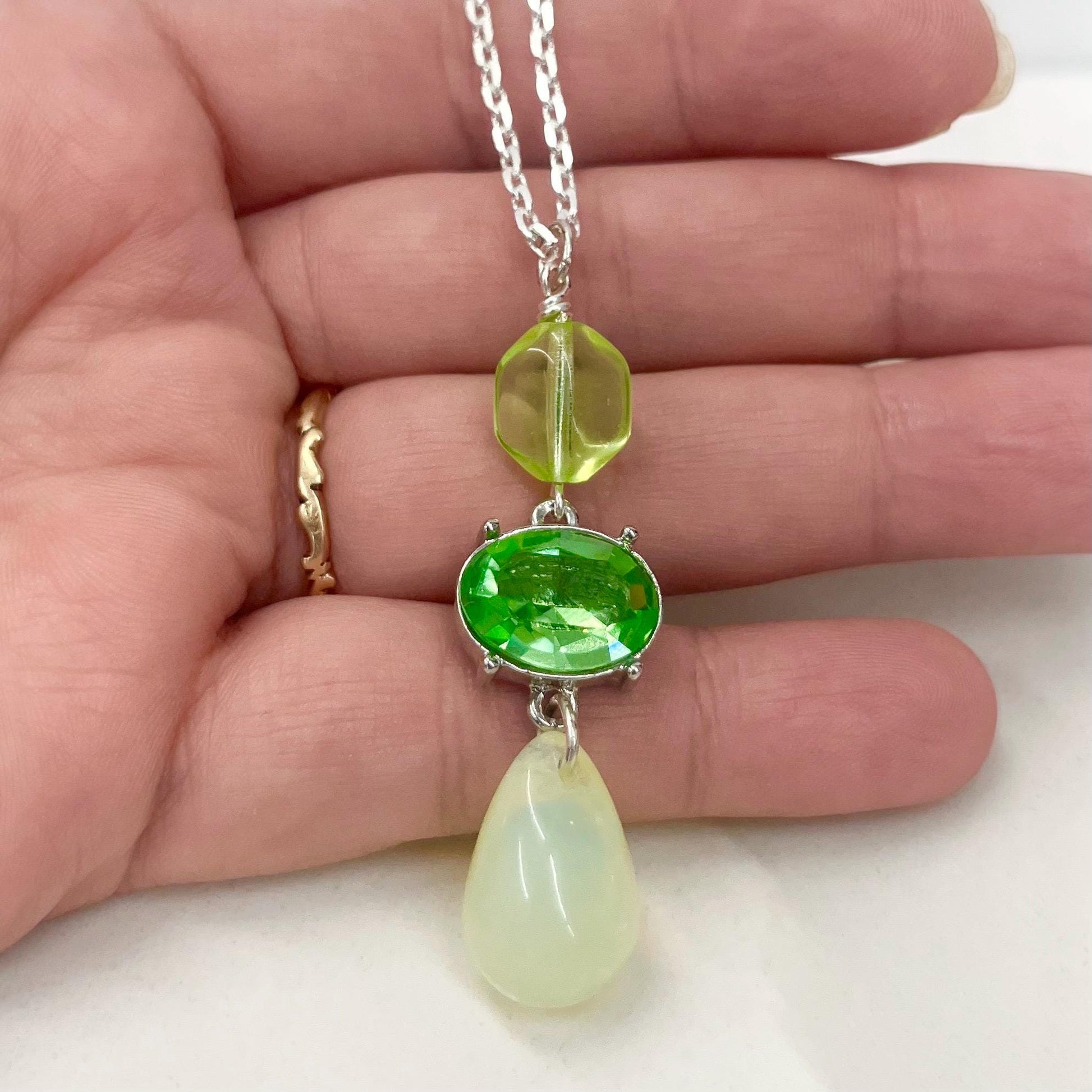 Yellow & Green Uranium Glass and Crystals Pendant and Silver Plate Chain UV Reactive Glow MillyOliverVintage