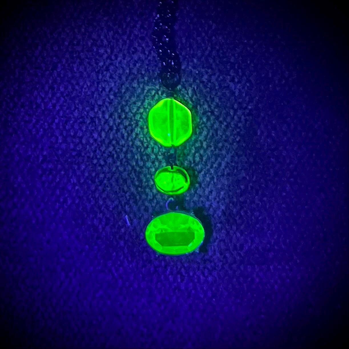 Green Uranium Glass and Crystal Pendant on a Black Gunmetal Chain UV Reactive Glow MillyOliverVintage